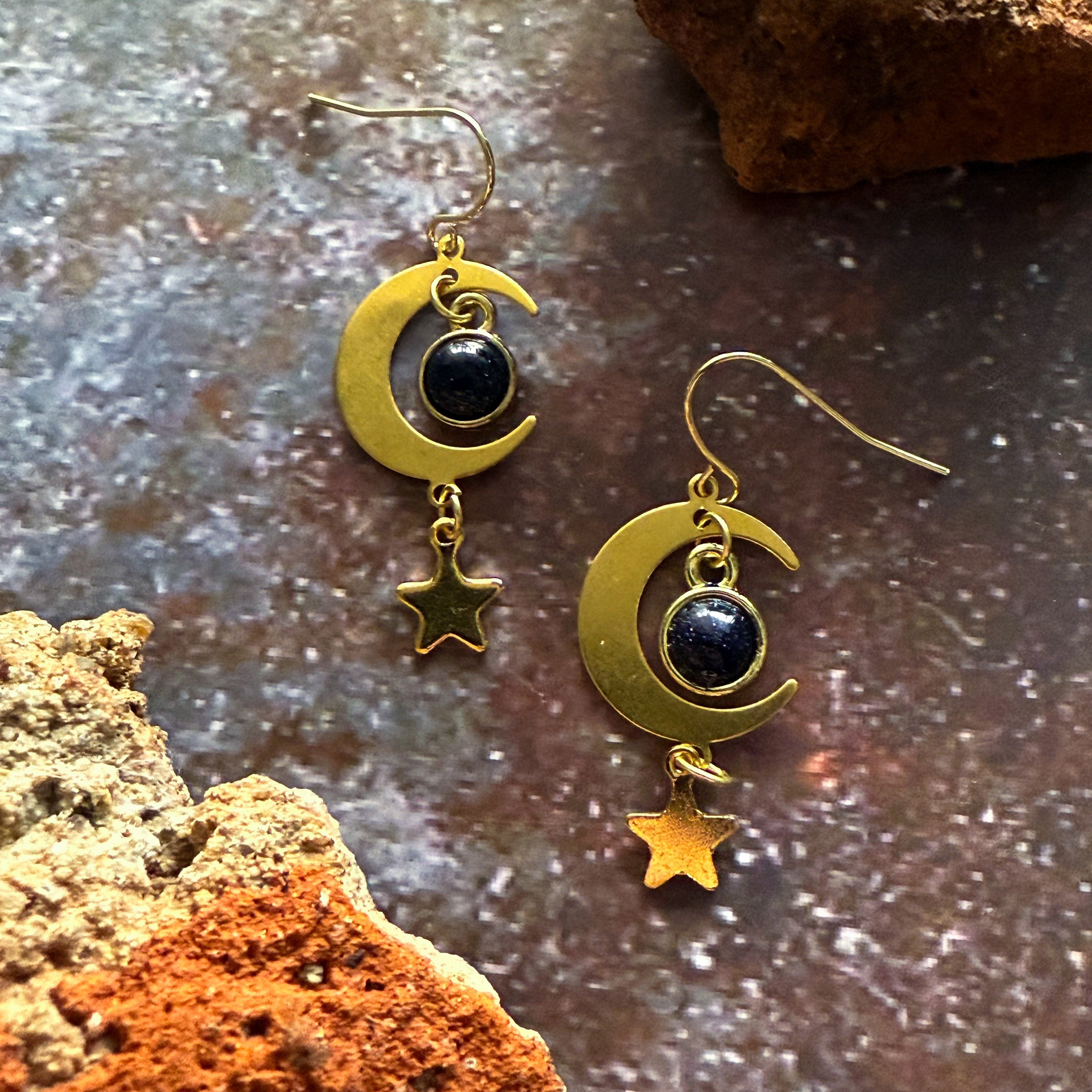Starlit Crescent Earrings with Blue Sandstone | Earrings | Wiccan Center