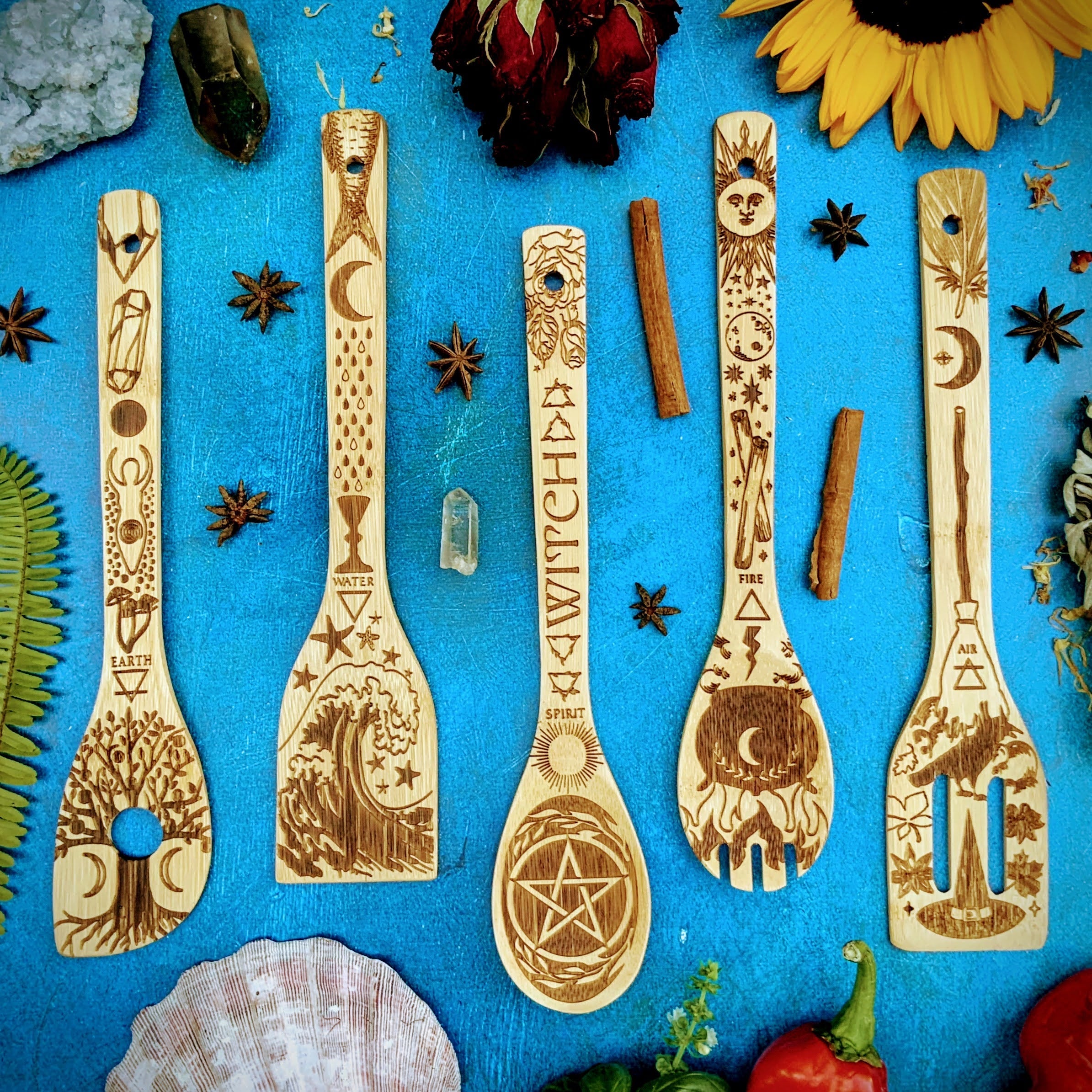 The 5 Elements Bamboo Large Kitchen Utensils Set | Kitchen | Wiccan Center