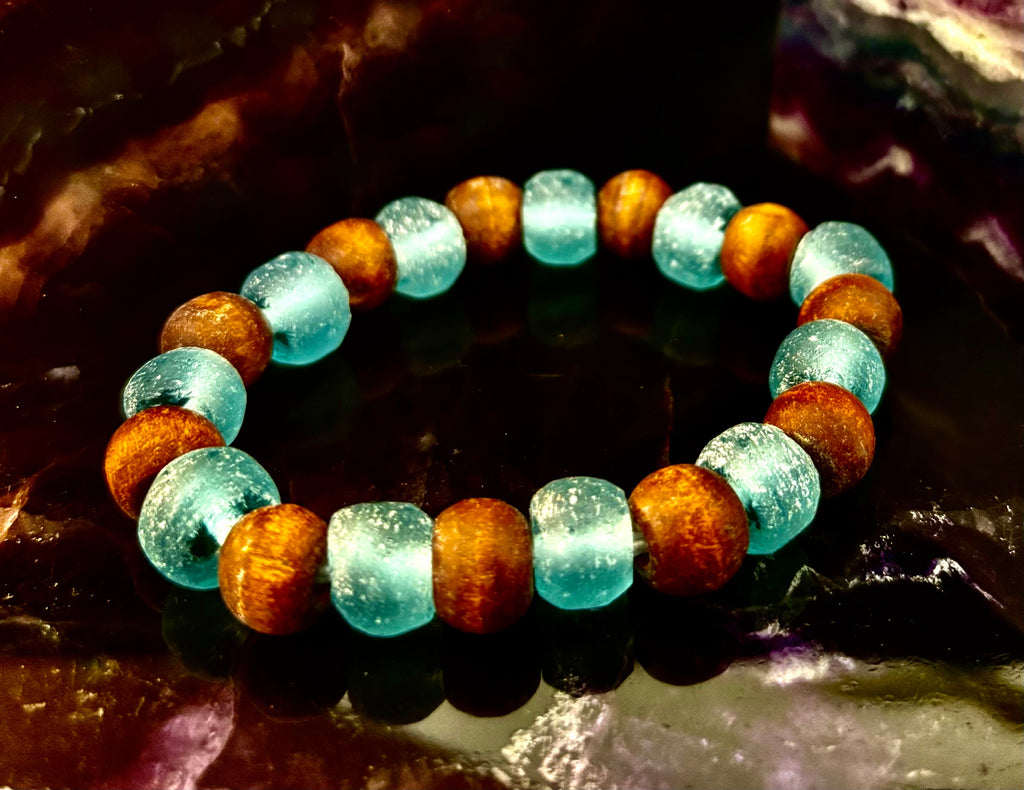 Ocean Drift Recycled Sea Glass Bracelet – Light Blue Coastal Wood Bead Stretch Bracelet 🌊 | | Wiccan Center