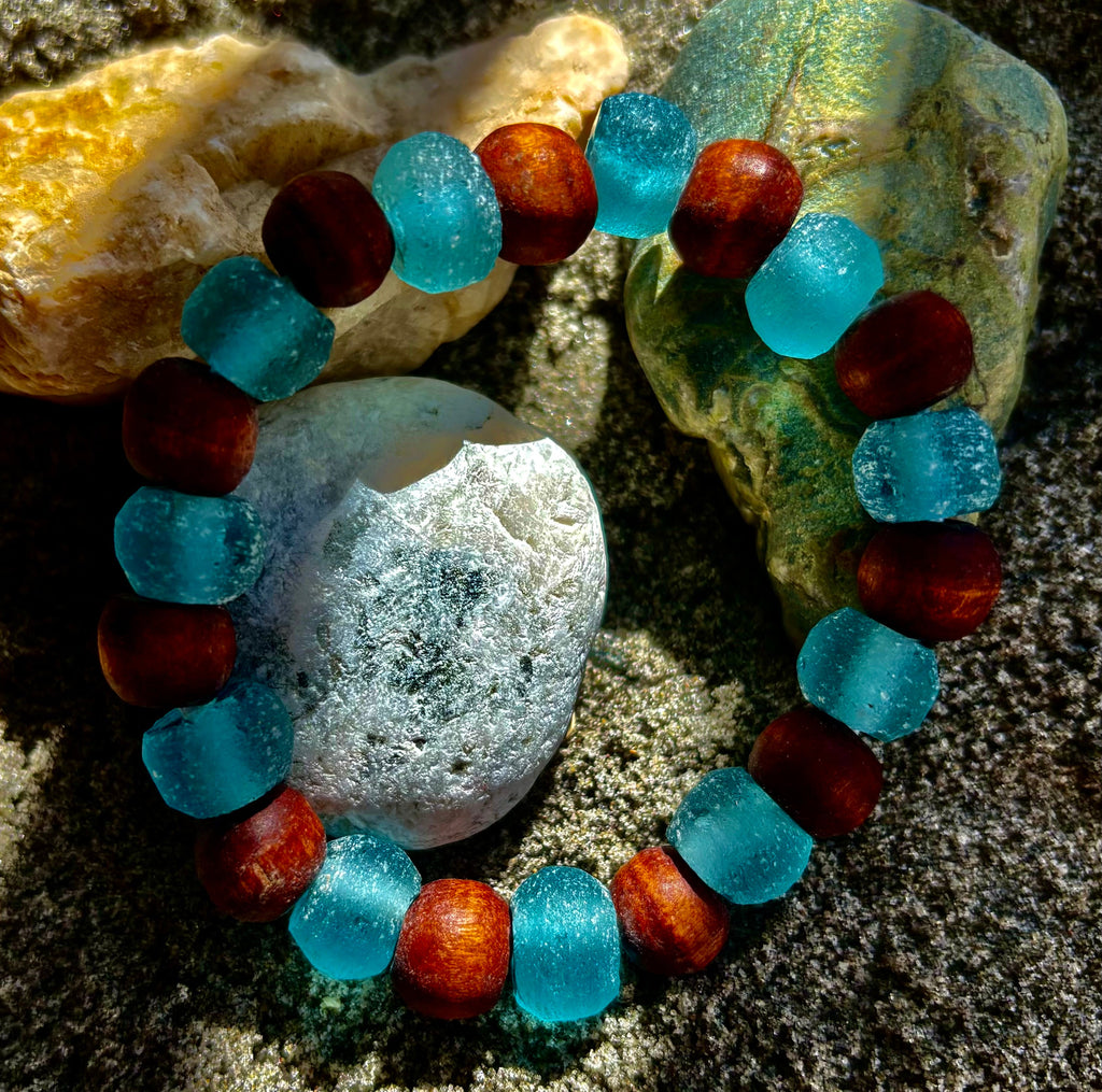 Ocean Drift Recycled Sea Glass Bracelet – Light Blue Coastal Wood Bead Stretch Bracelet 🌊 | | Wiccan Center
