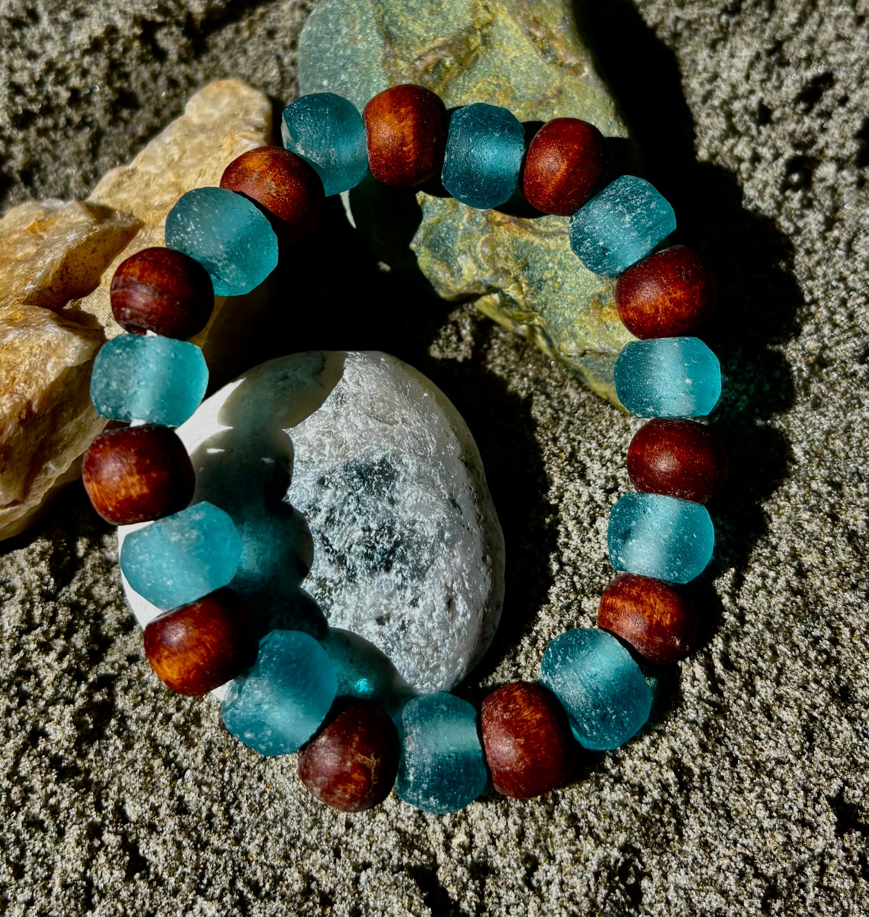 Ocean Drift Recycled Sea Glass Bracelet – Light Blue Coastal Wood Bead Stretch Bracelet 🌊 | | Wiccan Center