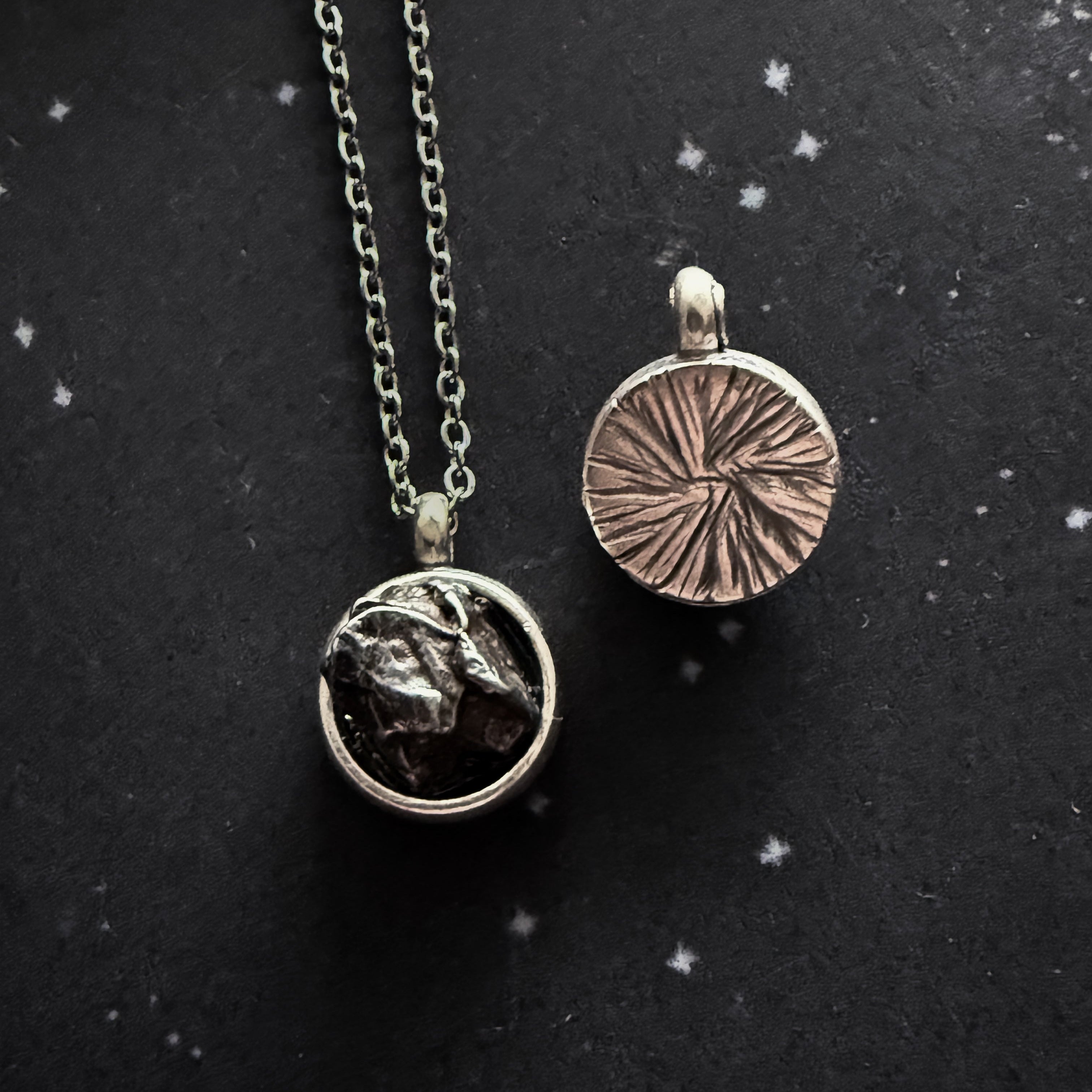Small Round Meteorite Pendant Necklace in Matte Brushed Silver | Necklace | Wiccan Center