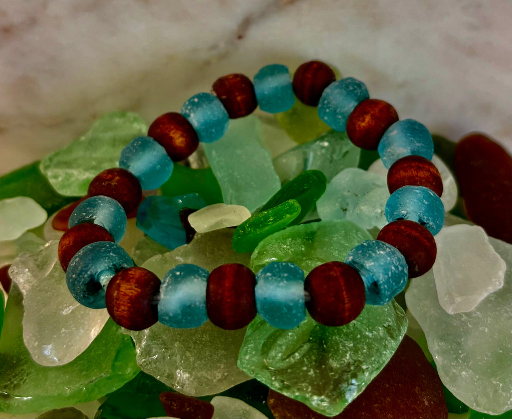Ocean Drift Recycled Sea Glass Bracelet – Light Blue Coastal Wood Bead Stretch Bracelet 🌊 | | Wiccan Center