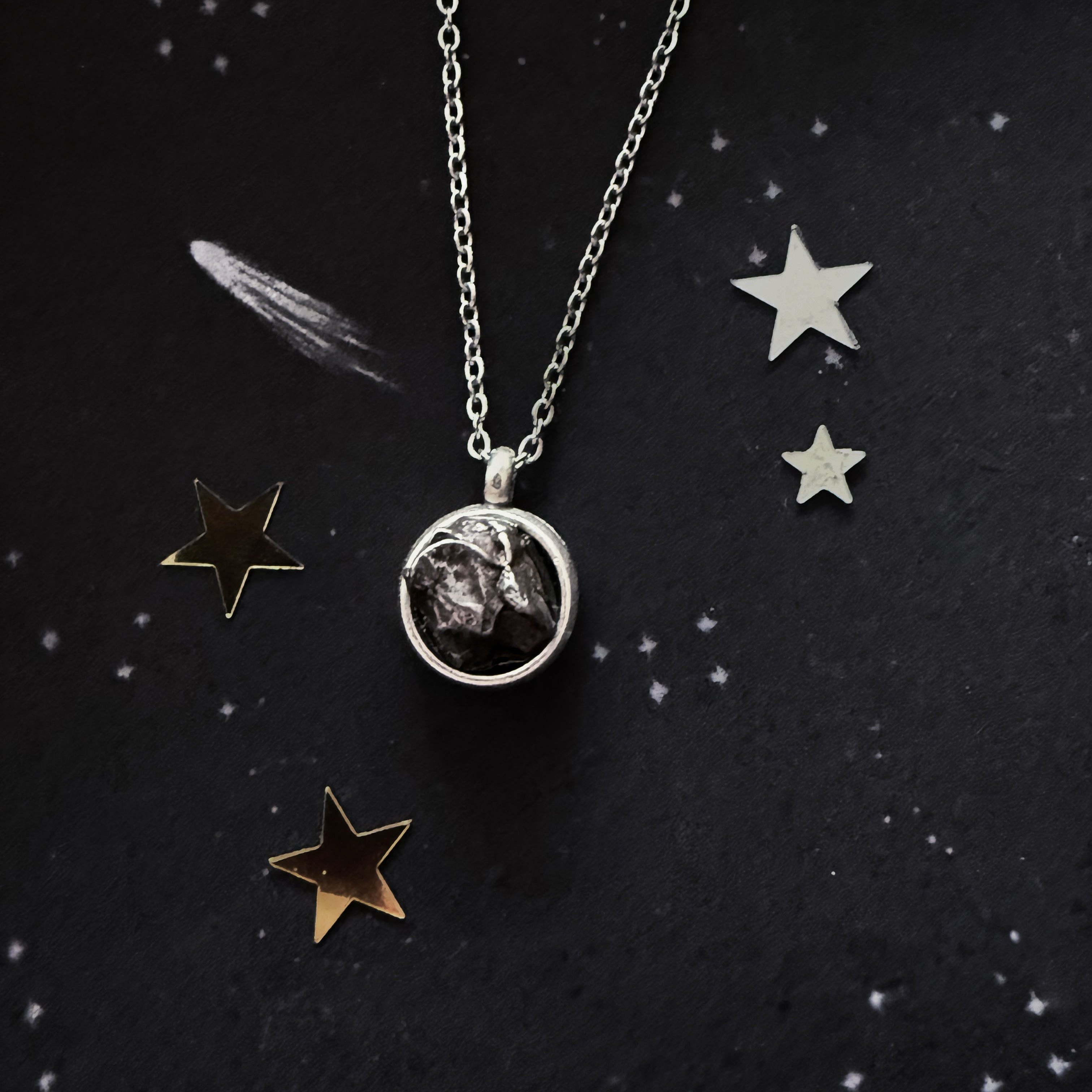 Small Round Meteorite Pendant Necklace in Matte Brushed Silver | Necklace | Wiccan Center