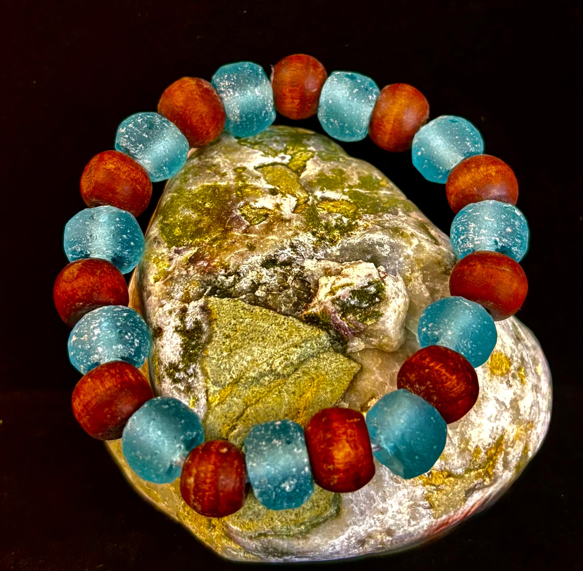 Ocean Drift Recycled Sea Glass Bracelet – Light Blue Coastal Wood Bead Stretch Bracelet 🌊 | | Wiccan Center
