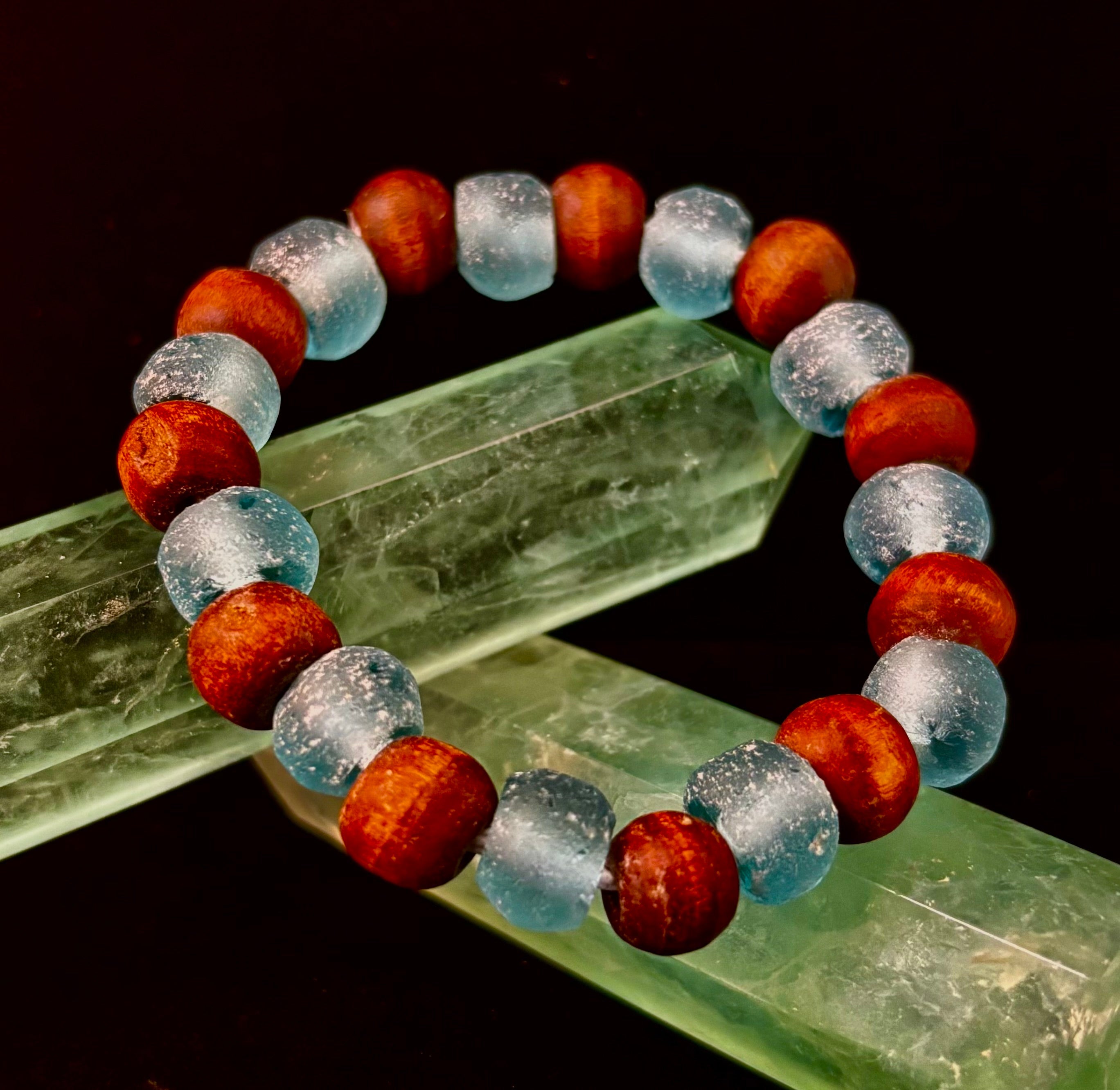 Ocean Drift Recycled Sea Glass Bracelet – Light Blue Coastal Wood Bead Stretch Bracelet 🌊 | | Wiccan Center