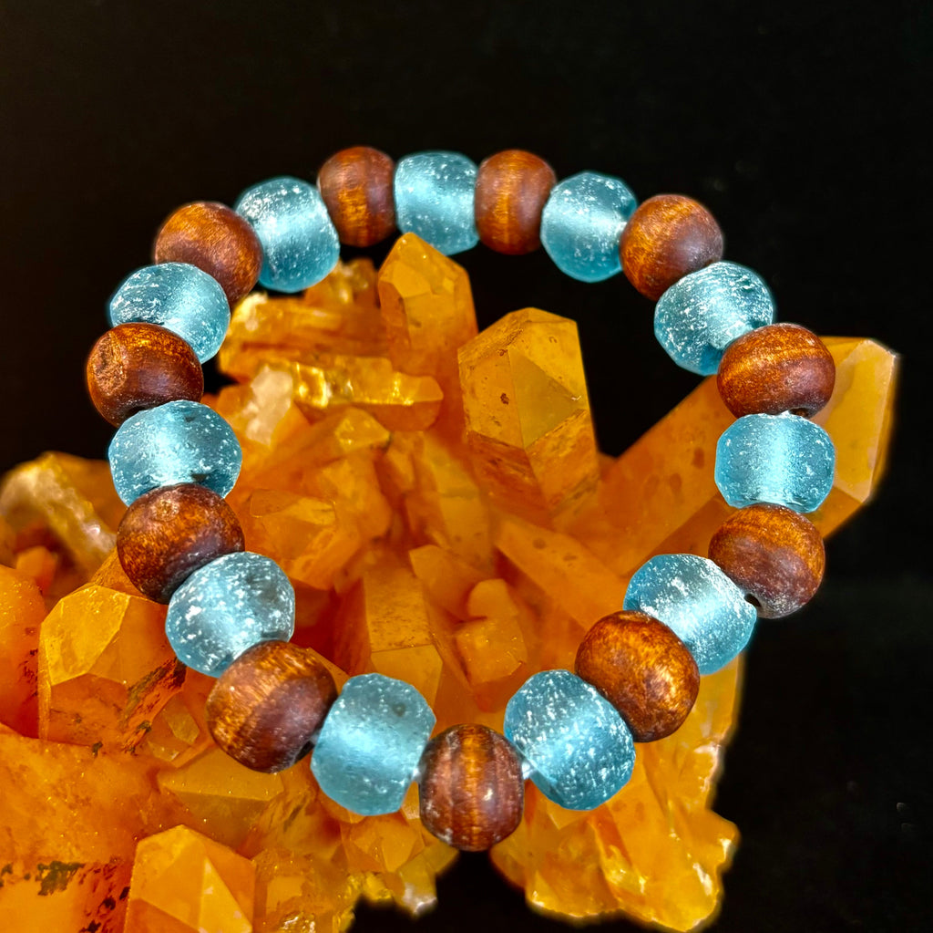 Ocean Drift Recycled Sea Glass Bracelet – Light Blue Coastal Wood Bead Stretch Bracelet 🌊 | | Wiccan Center