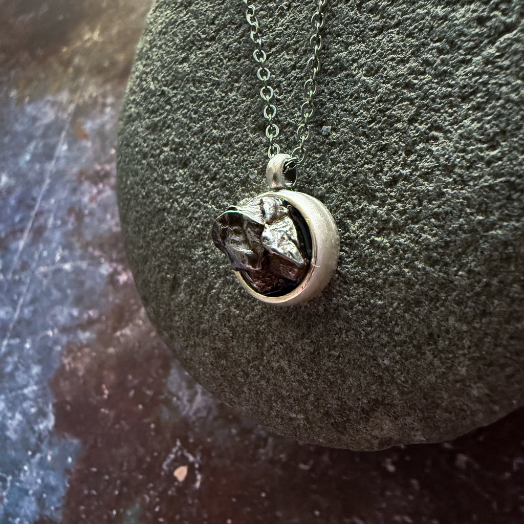 Small Round Meteorite Pendant Necklace in Matte Brushed Silver | Necklace | Wiccan Center