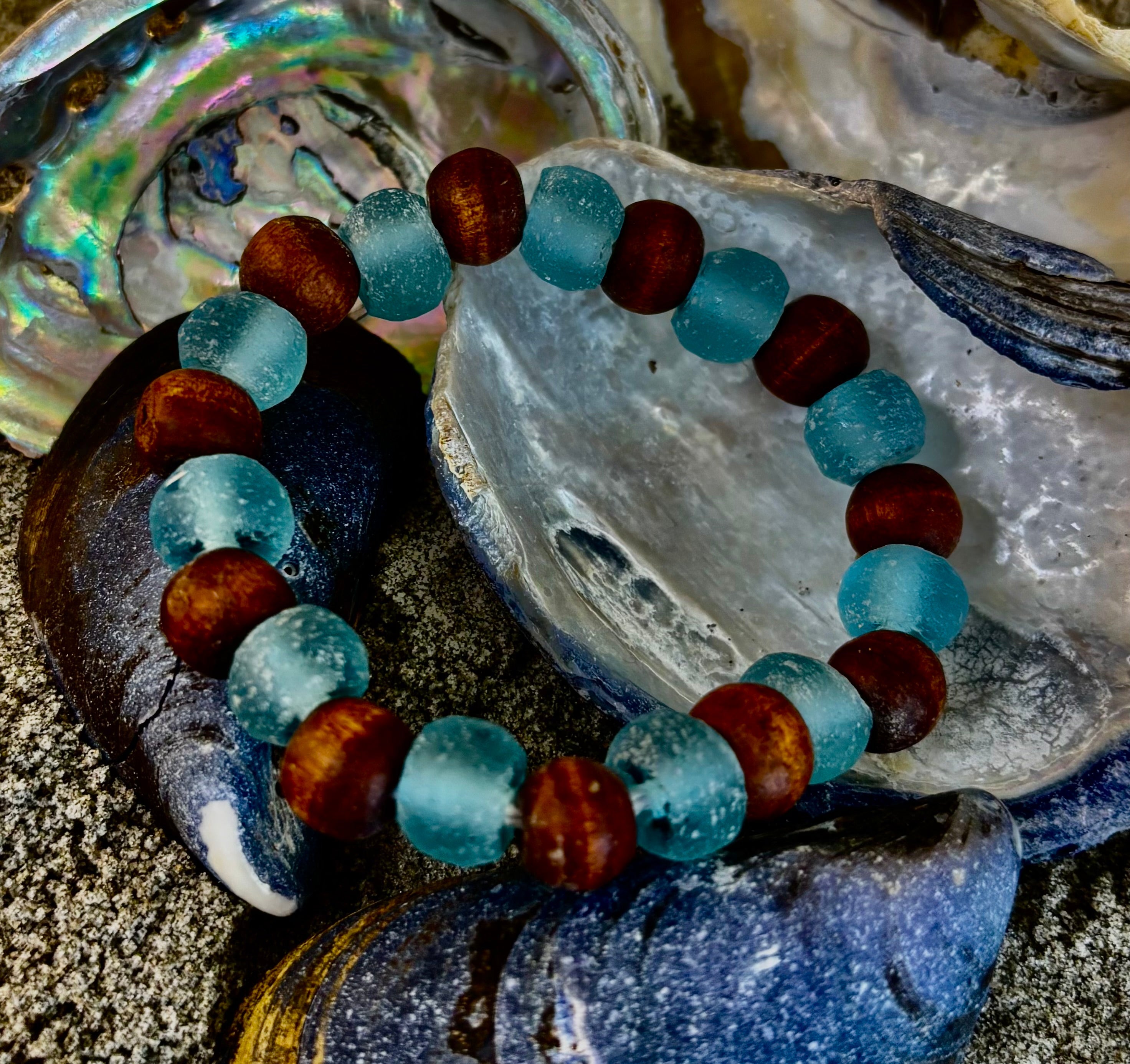 Ocean Drift Recycled Sea Glass Bracelet – Light Blue Coastal Wood Bead Stretch Bracelet 🌊 | | Wiccan Center