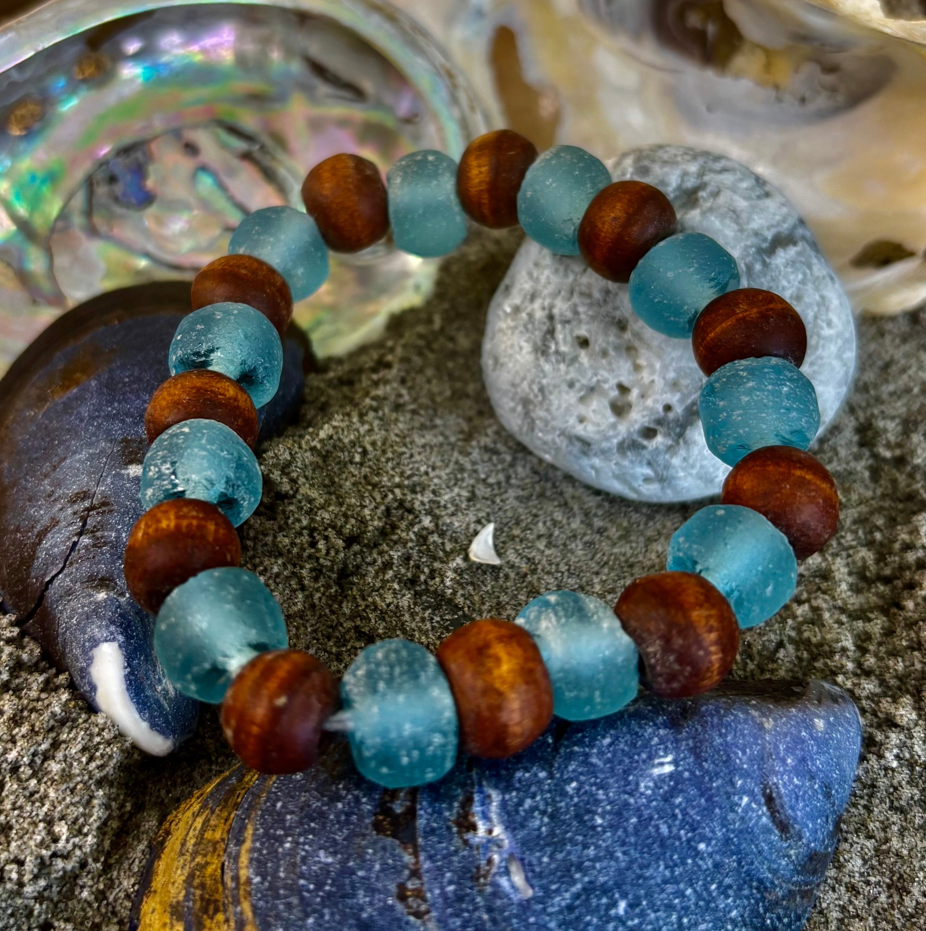 Ocean Drift Recycled Sea Glass Bracelet – Light Blue Coastal Wood Bead Stretch Bracelet 🌊 | | Wiccan Center