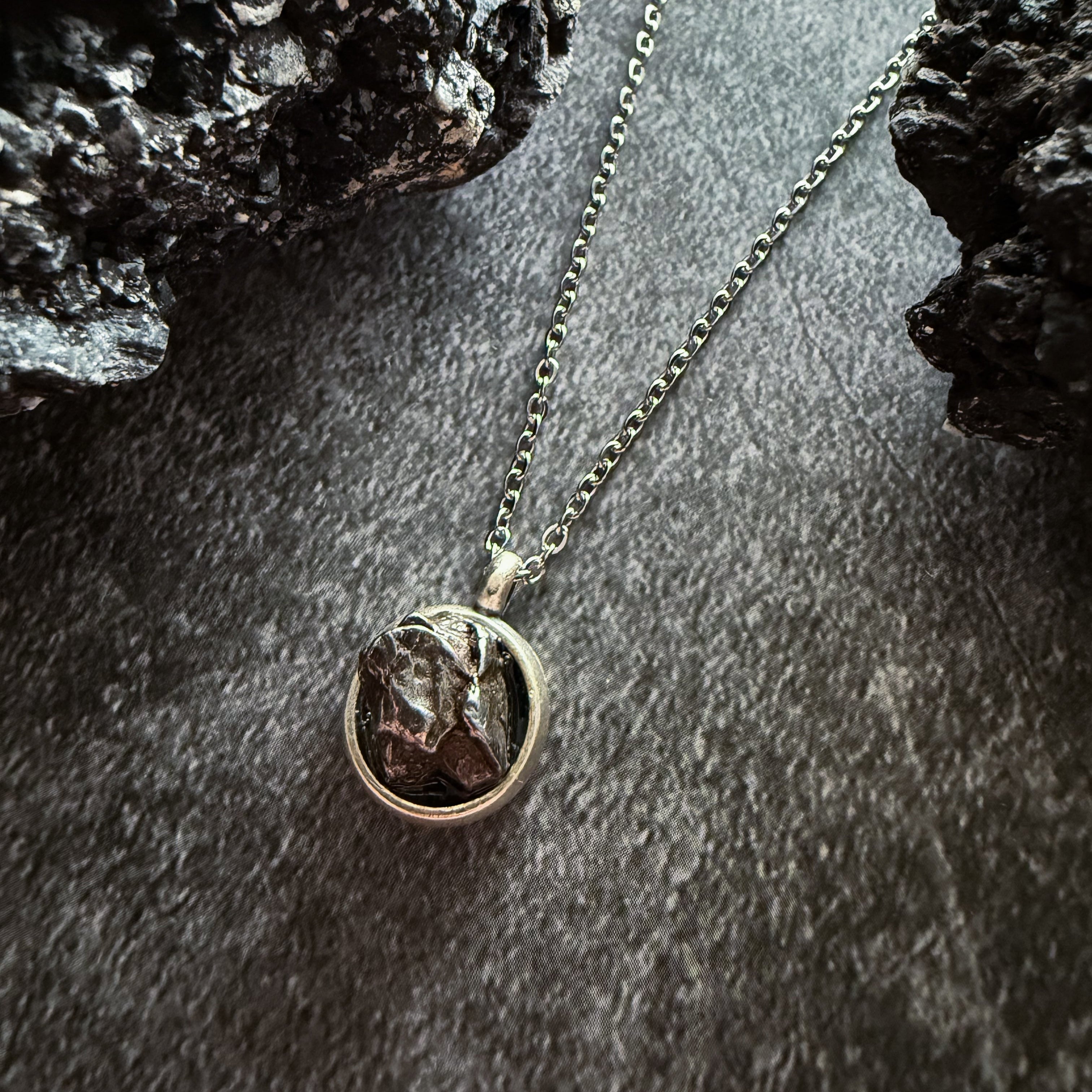 Small Round Meteorite Pendant Necklace in Matte Brushed Silver | Necklace | Wiccan Center