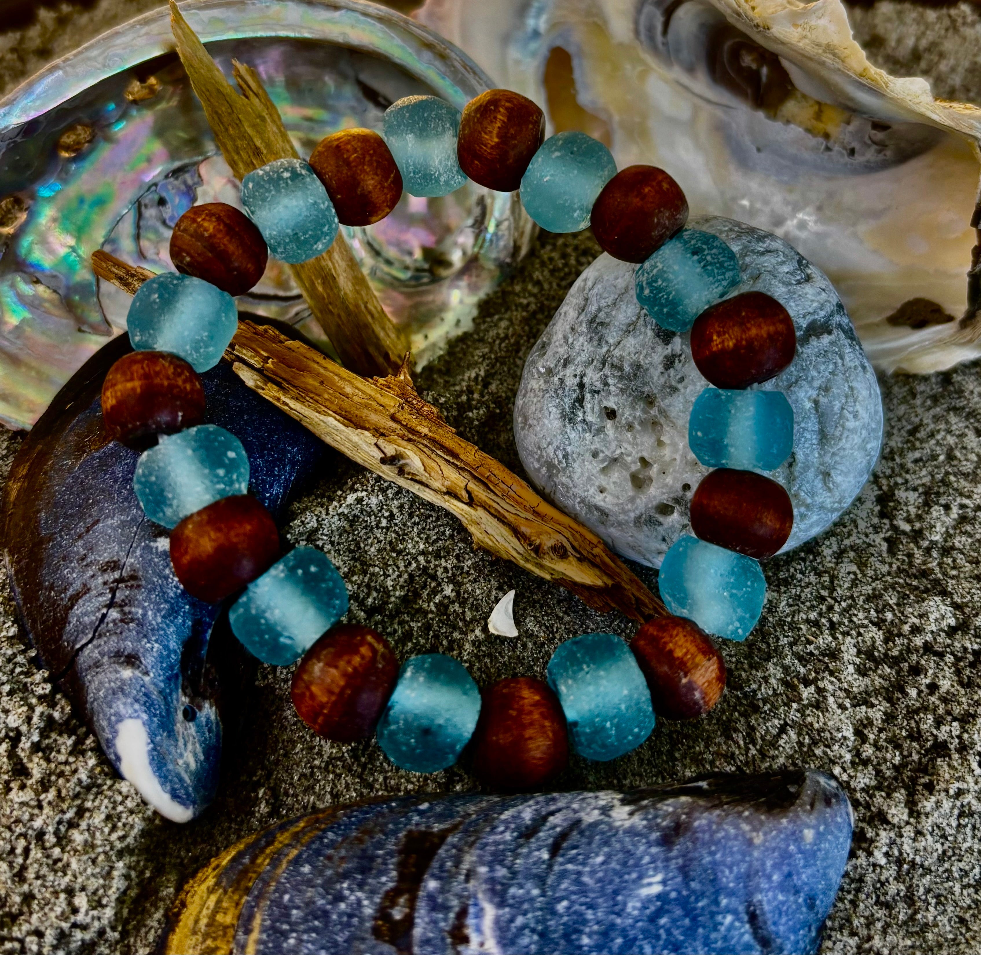 Ocean Drift Recycled Sea Glass Bracelet – Light Blue Coastal Wood Bead Stretch Bracelet 🌊 | | Wiccan Center