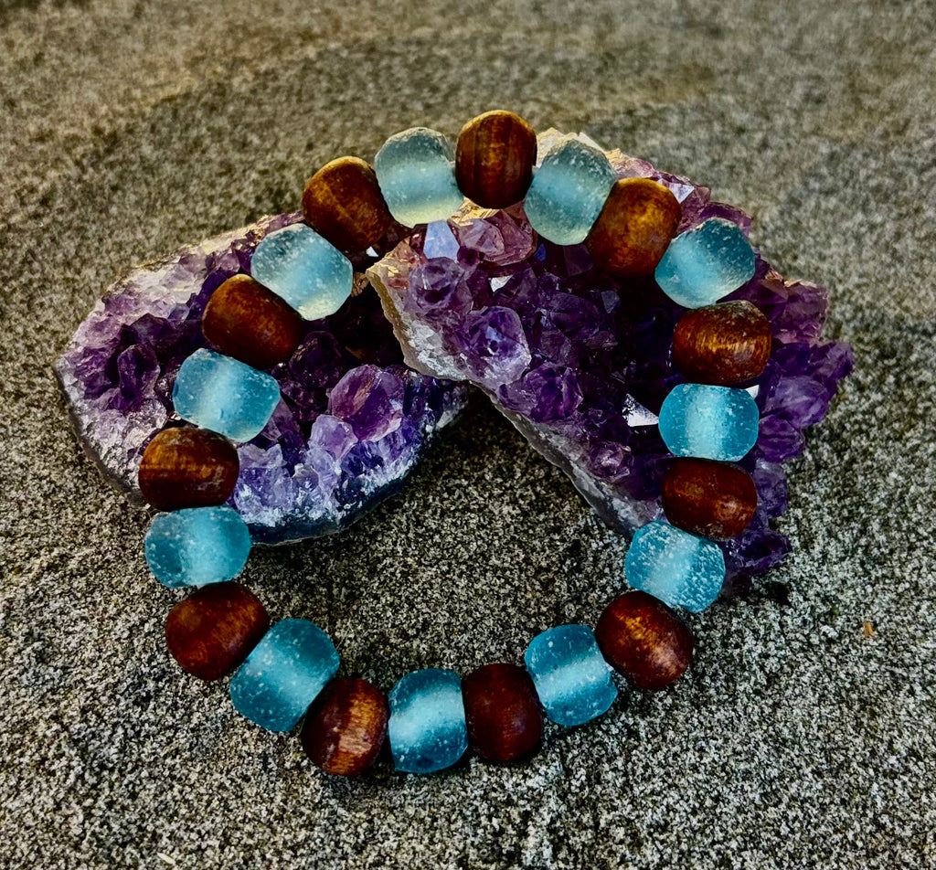 Ocean Drift Recycled Sea Glass Bracelet – Light Blue Coastal Wood Bead Stretch Bracelet 🌊 | | Wiccan Center