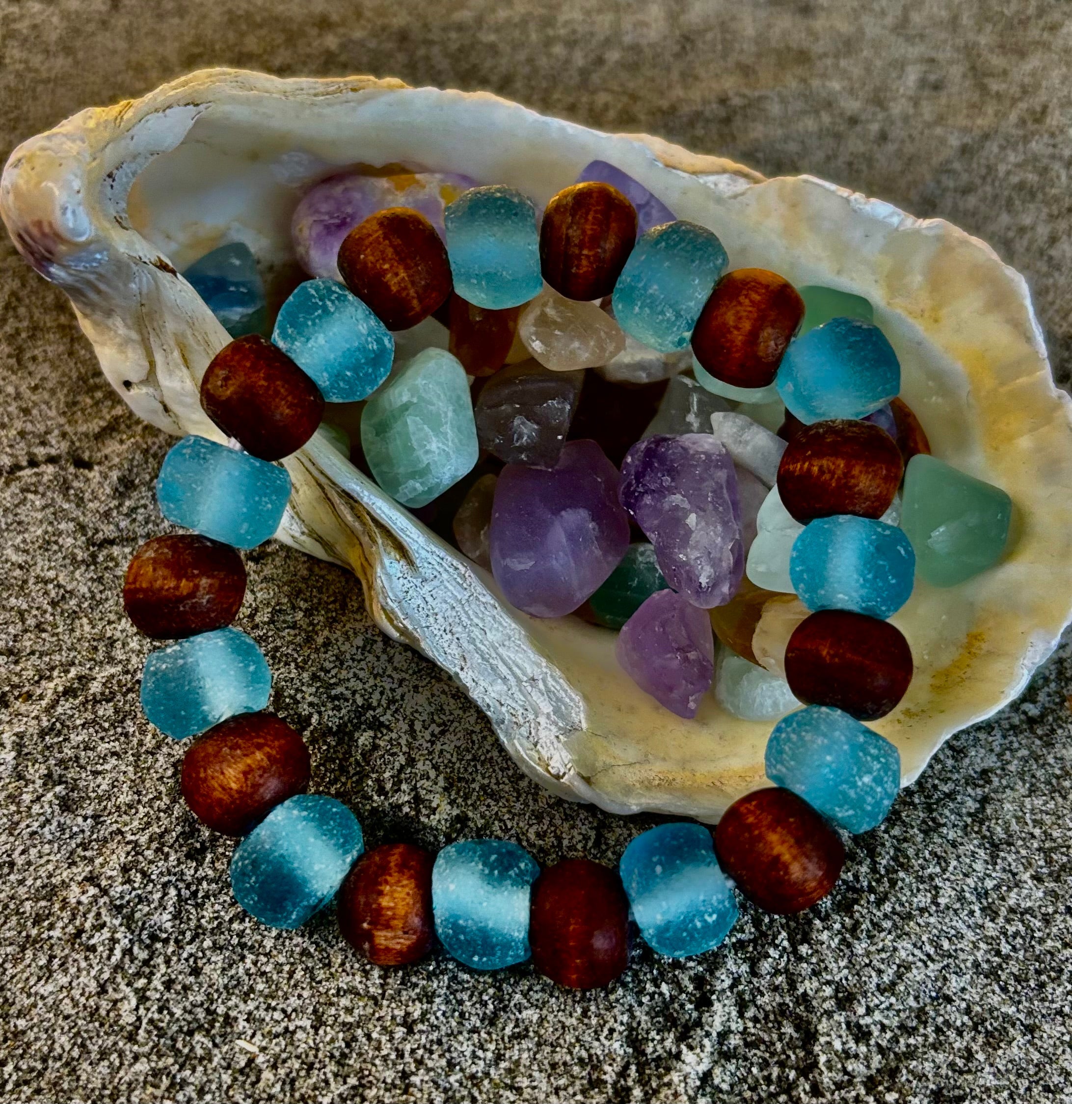Ocean Drift Recycled Sea Glass Bracelet – Light Blue Coastal Wood Bead Stretch Bracelet 🌊 | | Wiccan Center