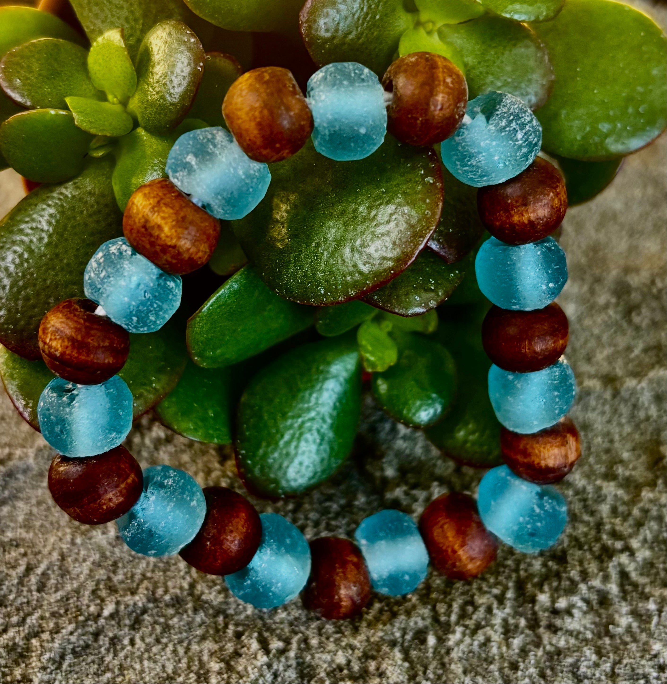 Ocean Drift Recycled Sea Glass Bracelet – Light Blue Coastal Wood Bead Stretch Bracelet 🌊 | | Wiccan Center