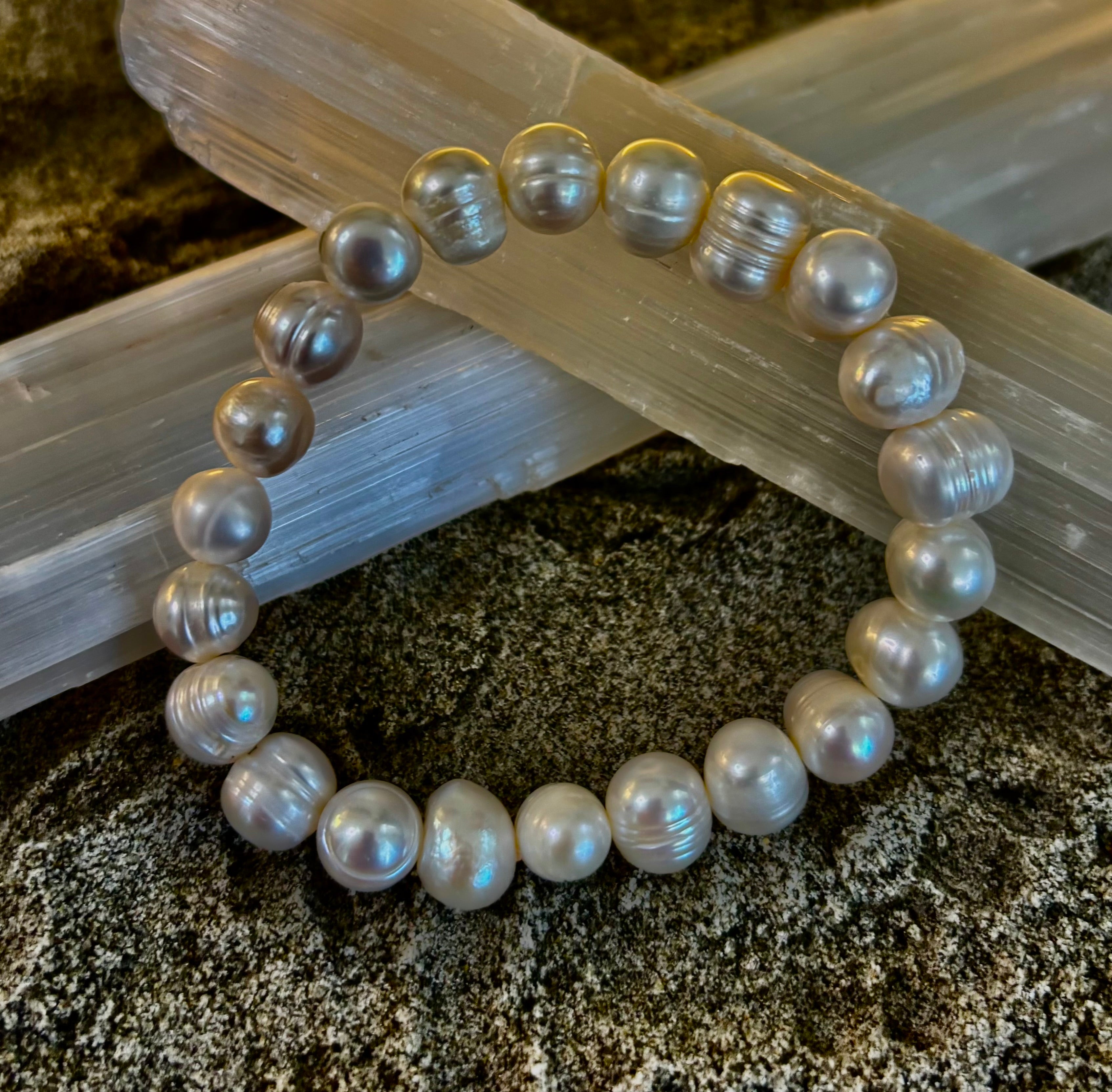 Luminous Grace Freshwater Pearl Bracelet – 6mm & 8mm White Pearl Stretch Bracelet | | Wiccan Center