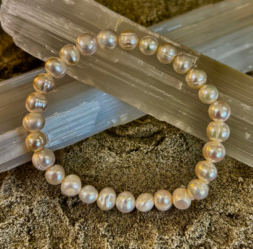 Luminous Grace Freshwater Pearl Bracelet – 6mm & 8mm White Pearl Stretch Bracelet | | Wiccan Center