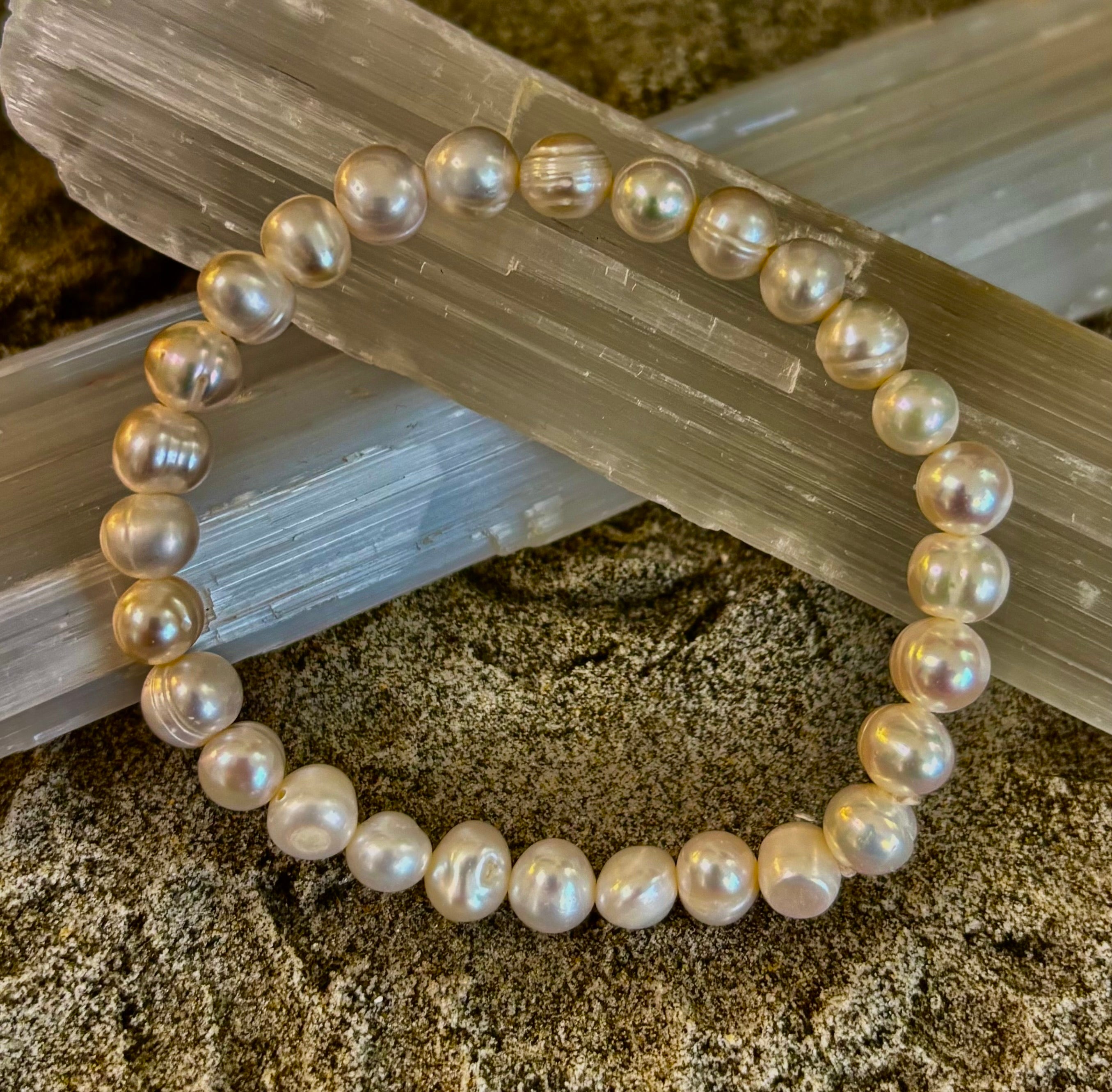 Luminous Grace Freshwater Pearl Bracelet – 6mm & 8mm White Pearl Stretch Bracelet | | Wiccan Center