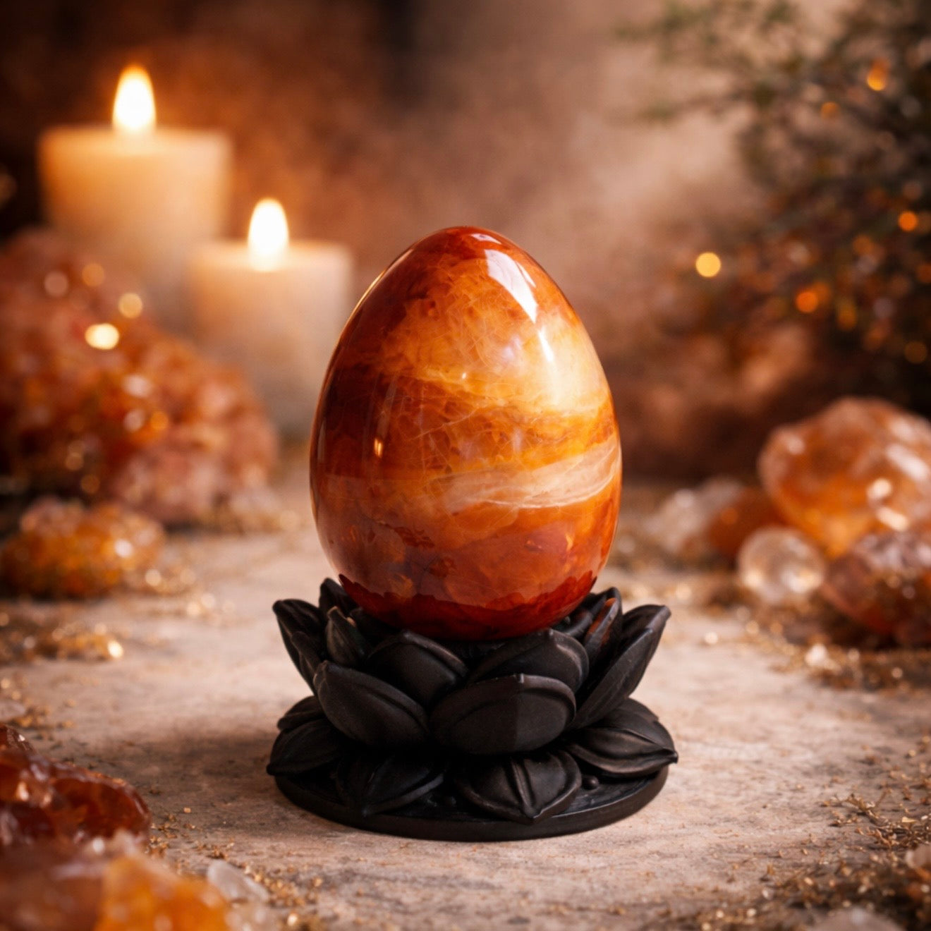 Dark Ethereal Lotus Crystal Egg Stand with Carnelian Agate Egg (Mystic Decor Piece) | | Wiccan Center