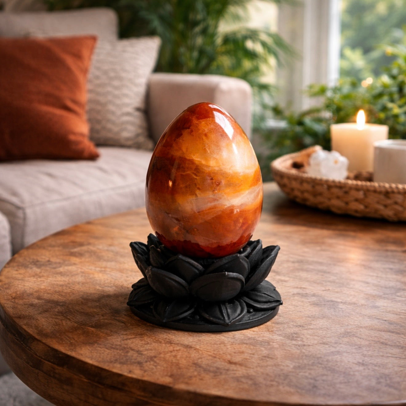 Dark Ethereal Lotus Crystal Egg Stand with Carnelian Agate Egg (Mystic Decor Piece) | | Wiccan Center