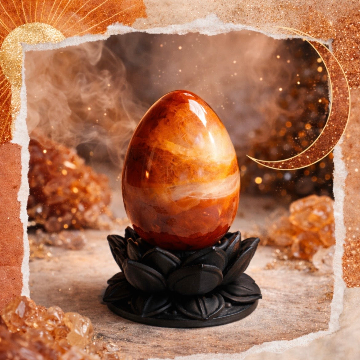 Dark Ethereal Lotus Crystal Egg Stand with Carnelian Agate Egg (Mystic Decor Piece) | | Wiccan Center