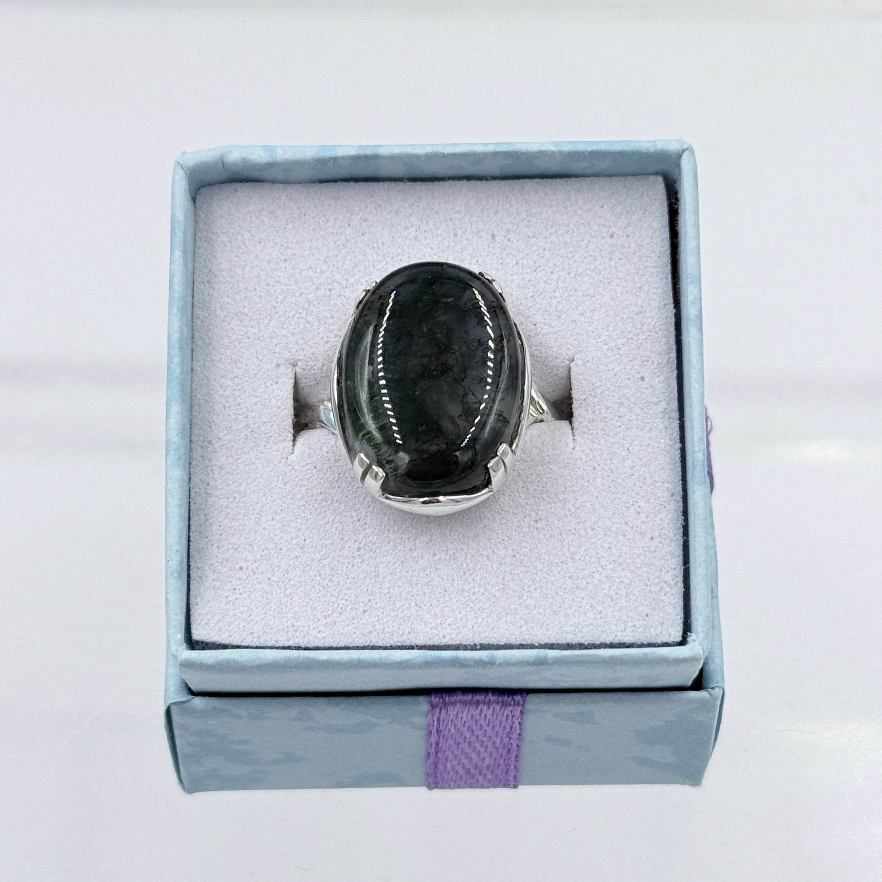 Sterling Silver Cross Banded Oval Moss Agate Ring - Size 10 - Grounding, Nurturing & Growth | Rings | Wiccan Center