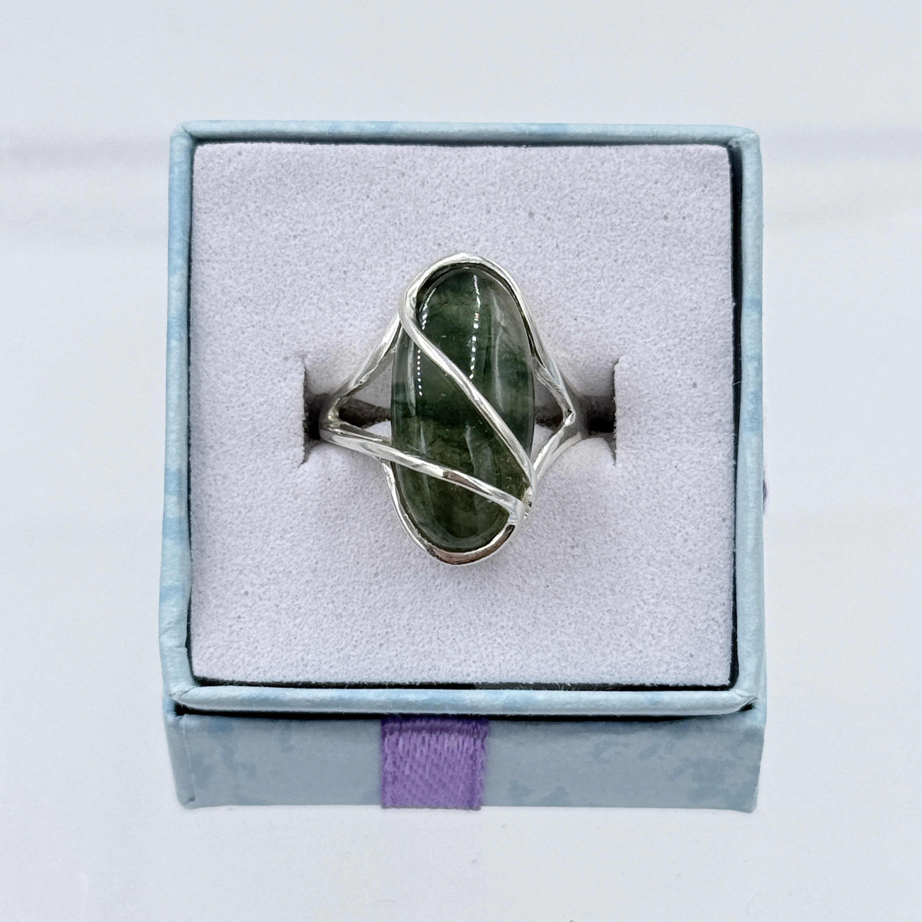 Sterling Silver Flowy Wrapped Moss Agate Ring - Size 6 - Grounding, Nurturing & Growth | Rings | Wiccan Center