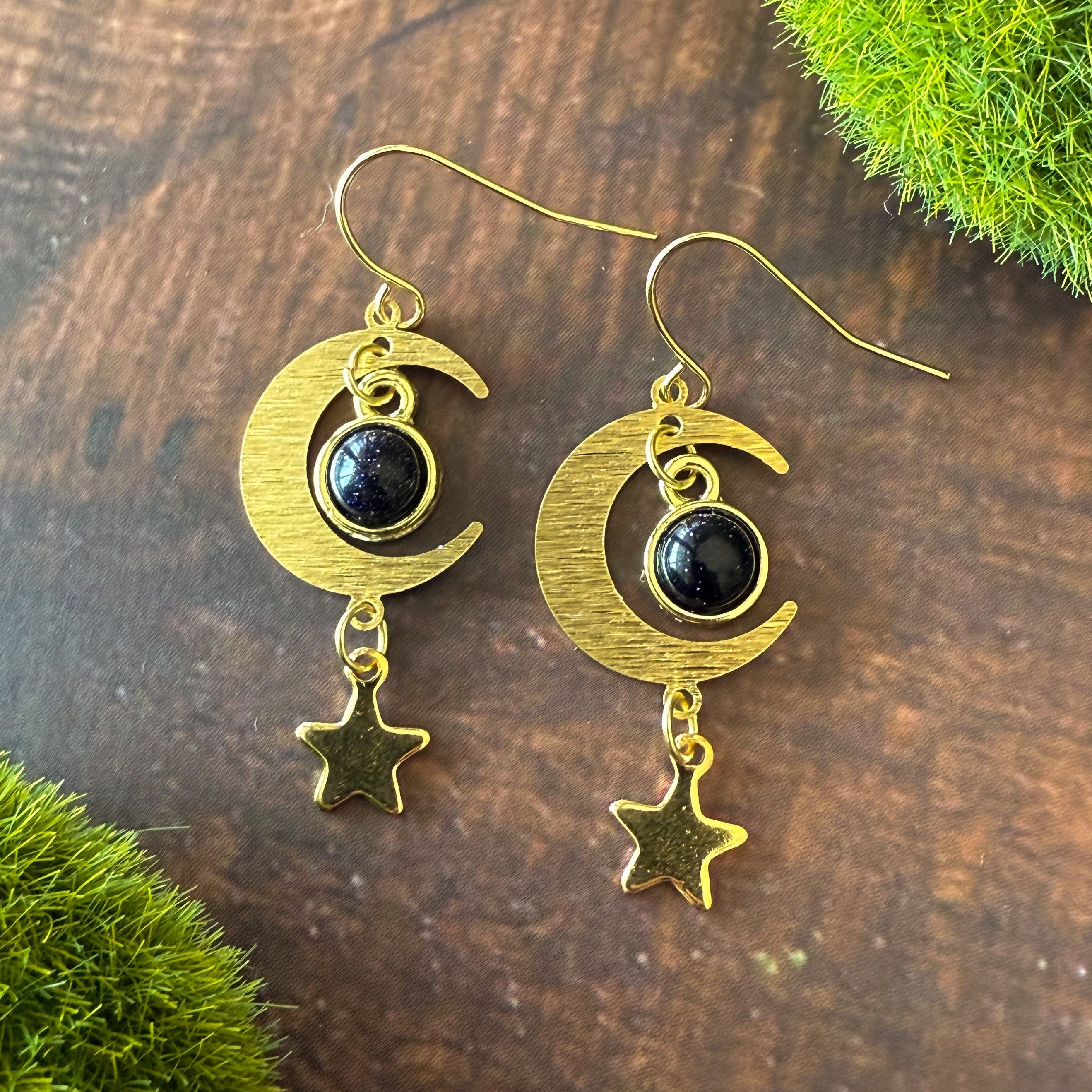 Starlit Crescent Earrings with Blue Sandstone | Earrings | Wiccan Center