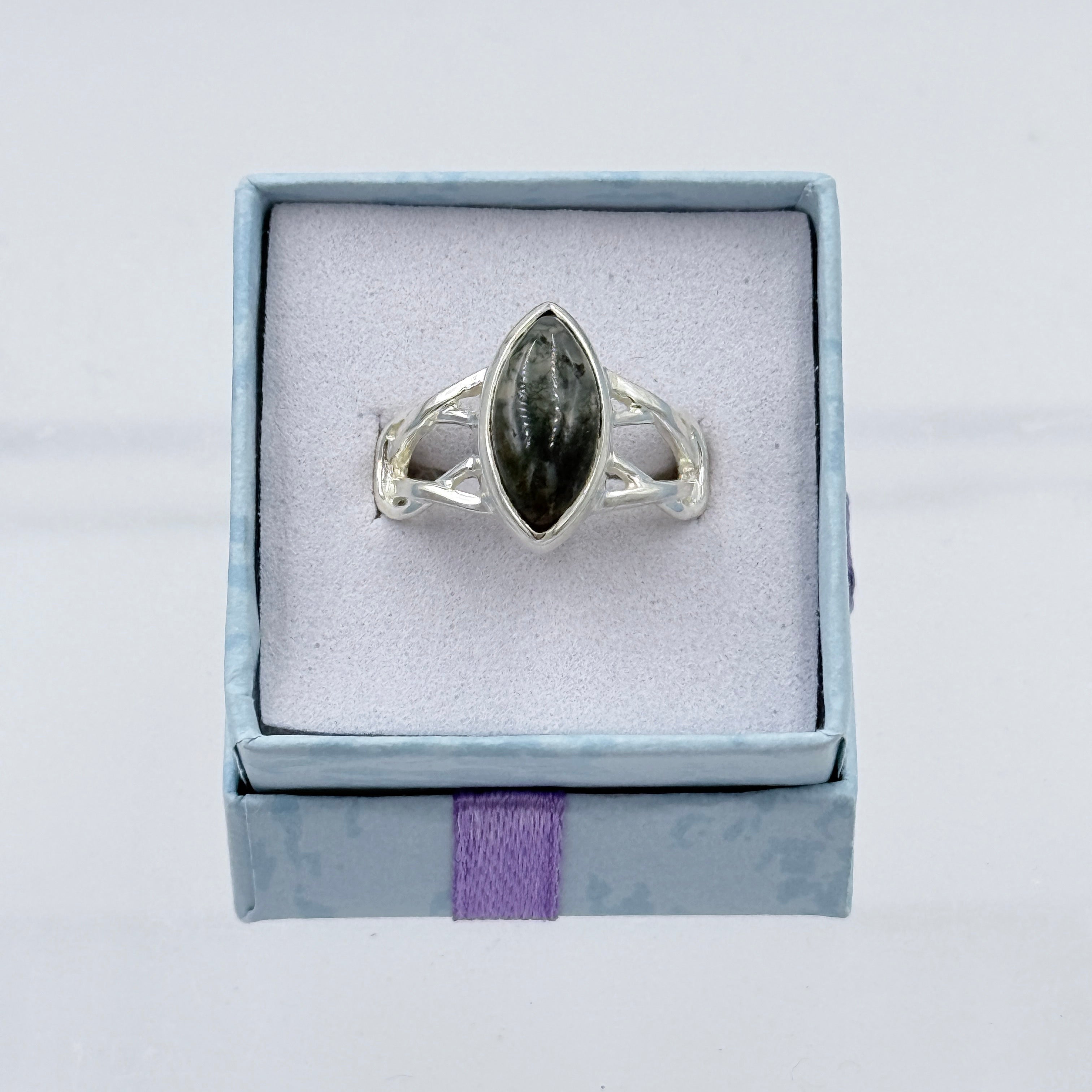 Sterling Silver Knot Banded Marquise Moss Agate Ring - Size 7 - Grounding, Nurturing & Growth | Rings | Wiccan Center