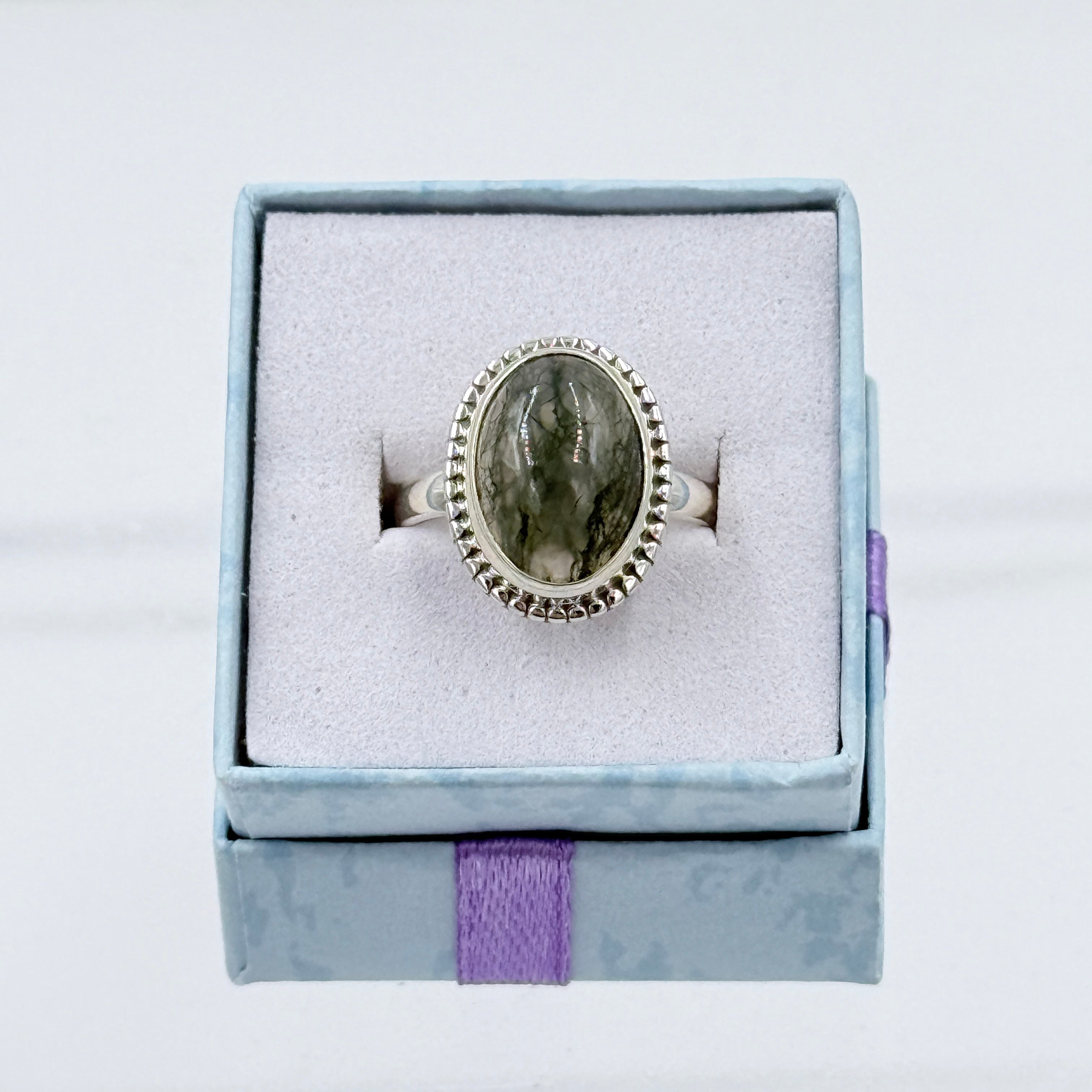 Sterling Silver Bezeled Oval Moss Agate Ring - Size 8 - Grounding, Nurturing & Growth | Rings | Wiccan Center