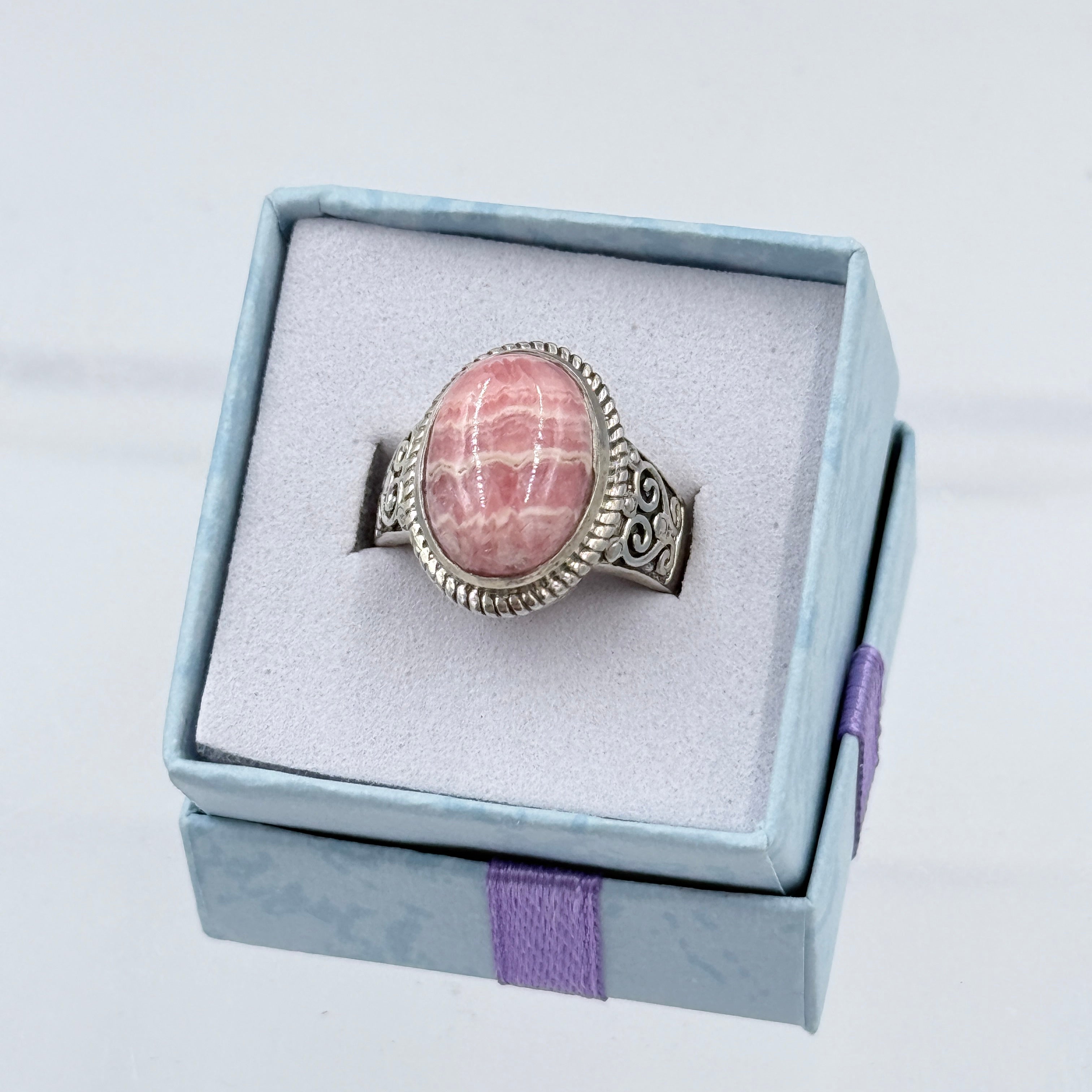 Sterling Silver Filigree Banded Oval Rhodochrosite Ring - Size 6 - Loving, Compassionate & Healing | Rings | Wiccan Center