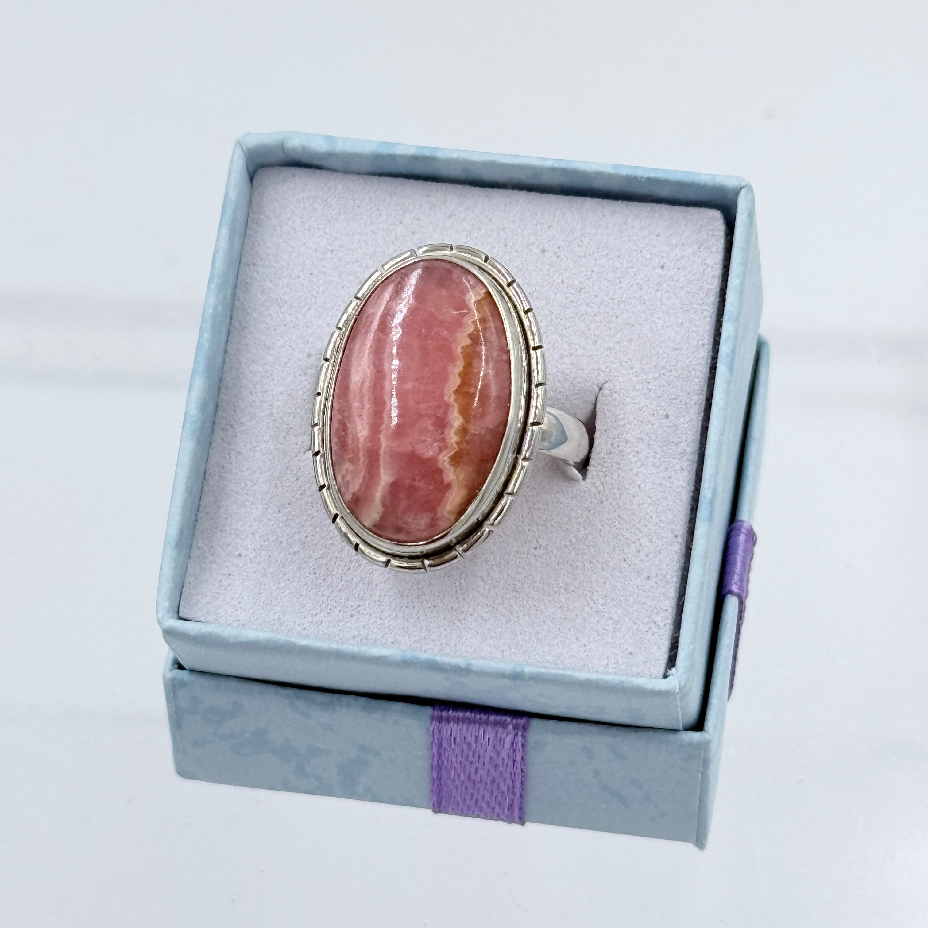 Sterling Silver Lined Oval Rhodochrosite Ring - Size 6 - Loving, Compassionate & Healing | Rings | Wiccan Center