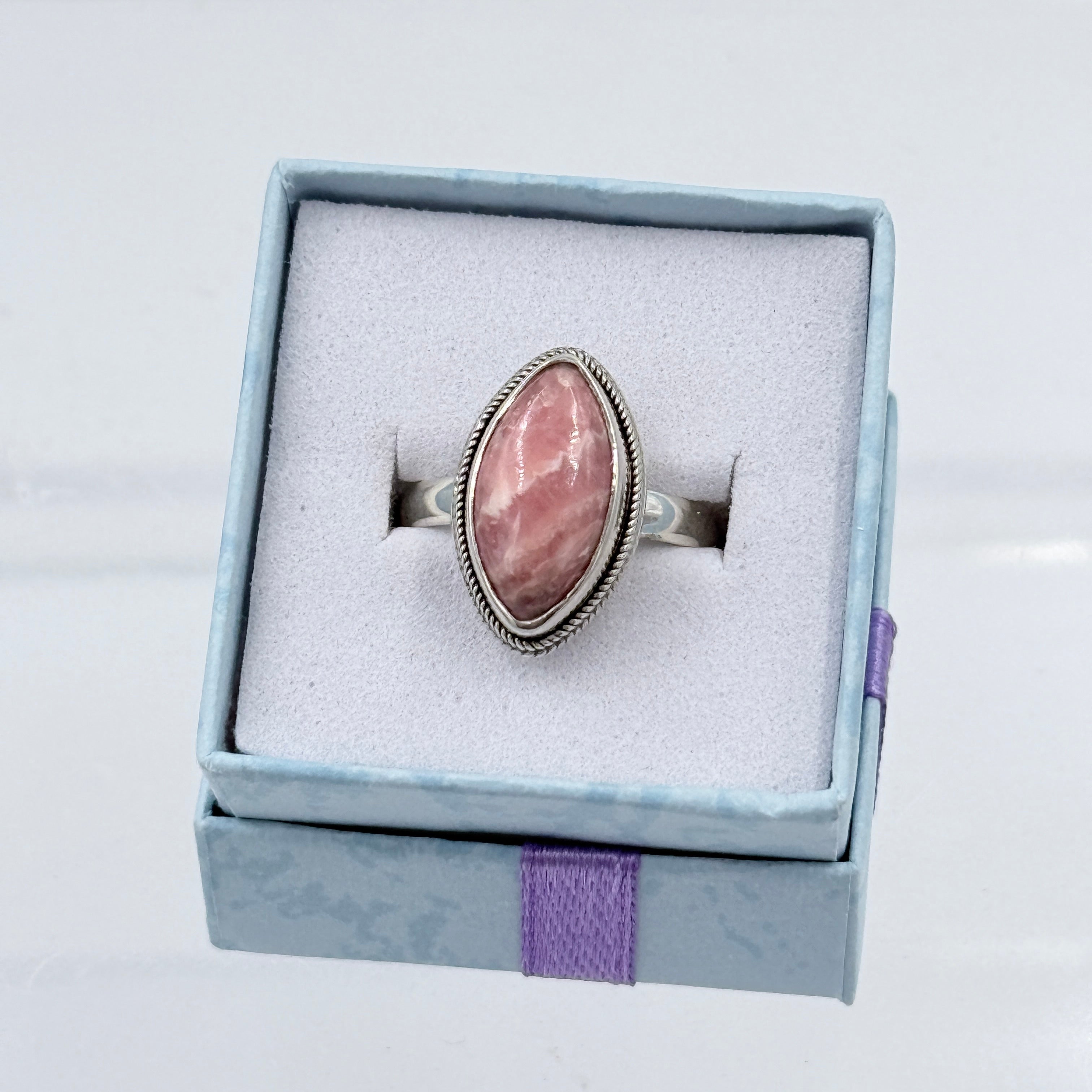 Sterling Silver Bezeled Marquise Rhodochrosite Ring - Size 7 - Loving, Compassionate & Healing | Rings | Wiccan Center