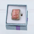 Sterling Silver Bezeled Emerald Cut Rhodochrosite Ring - Size 8 - Loving, Compassionate & Healing | Rings | Wiccan Center