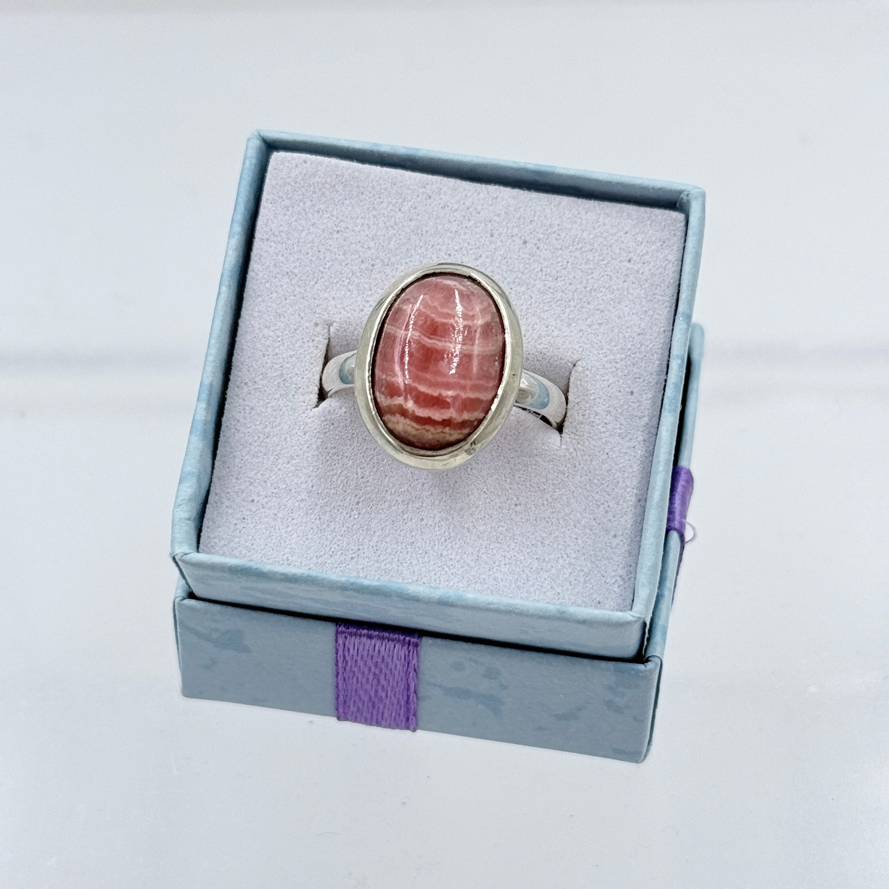 Sterling Silver Halo Oval Rhodochrosite Ring - Size 8 - Loving, Compassionate & Healing | Rings | Wiccan Center