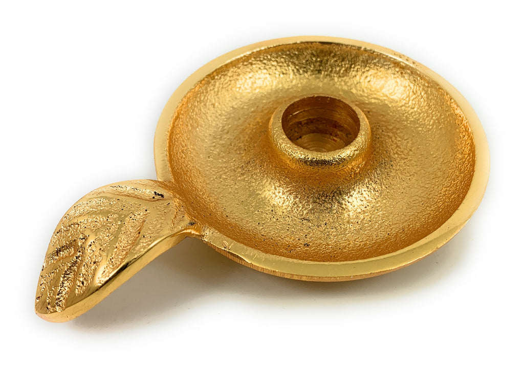 Vibhsa Gold Taper Candlestick Holder Dish | Leaf Handle, Rustic Gold, Aluminum | home Decor | Wiccan Center