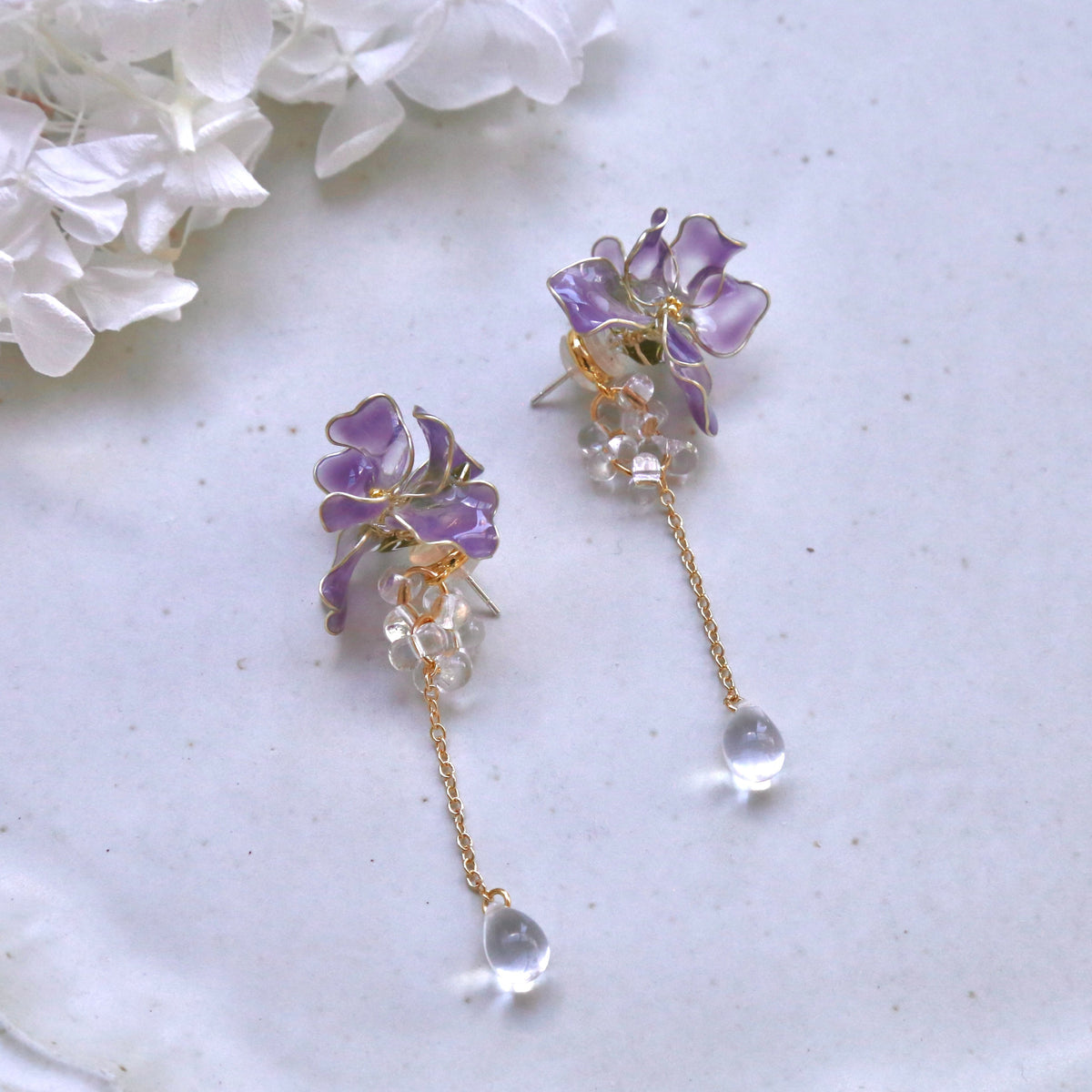SALE - Resin Purple Iris Flower Earrings