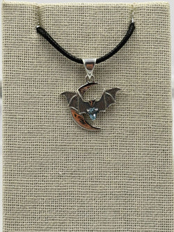 Sterling Silver Bat on Crescent Moon Aquamarine Pendant | Pendant | Wiccan Center