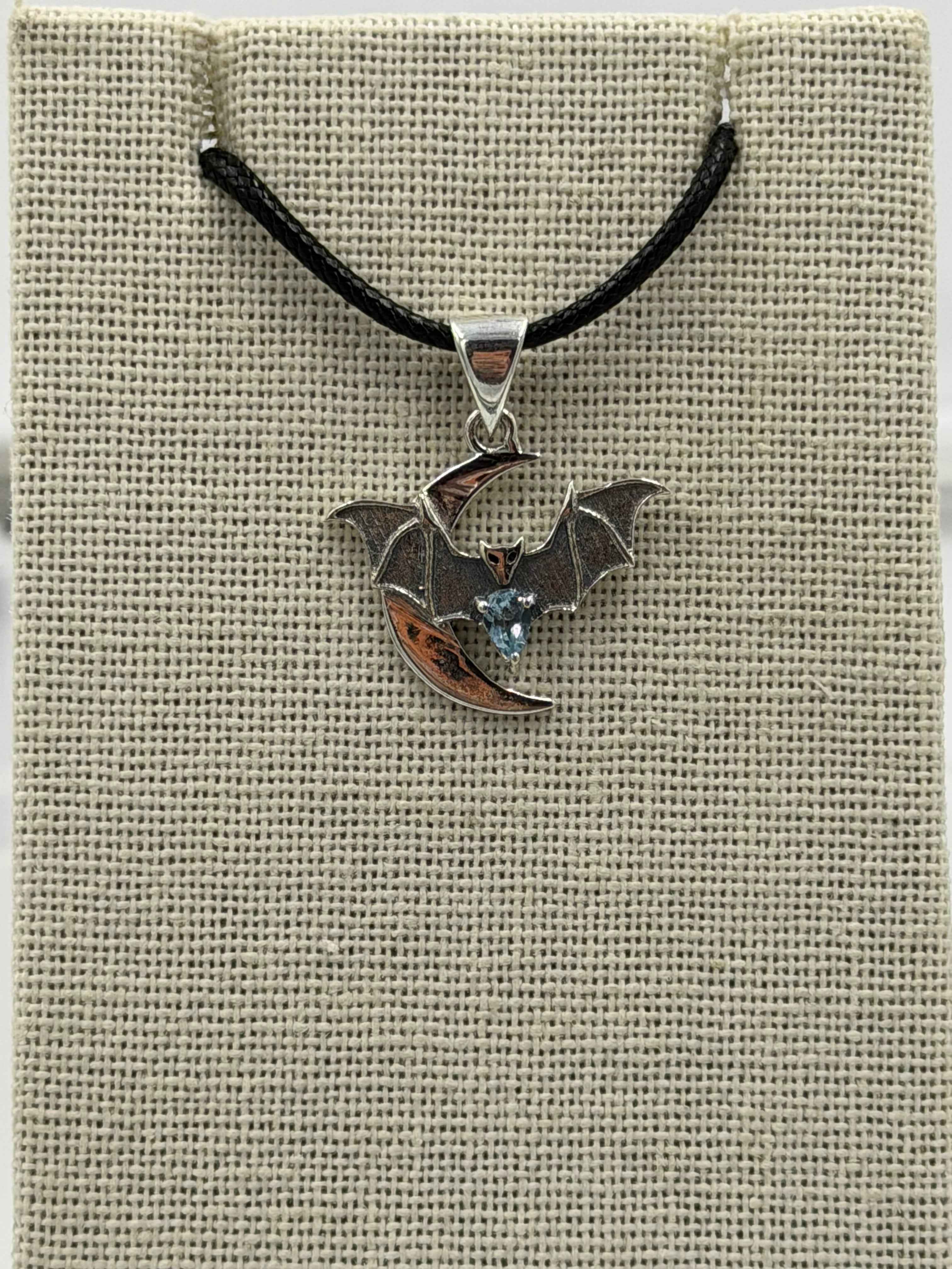 Sterling Silver Bat on Crescent Moon Aquamarine Pendant | Pendant | Wiccan Center