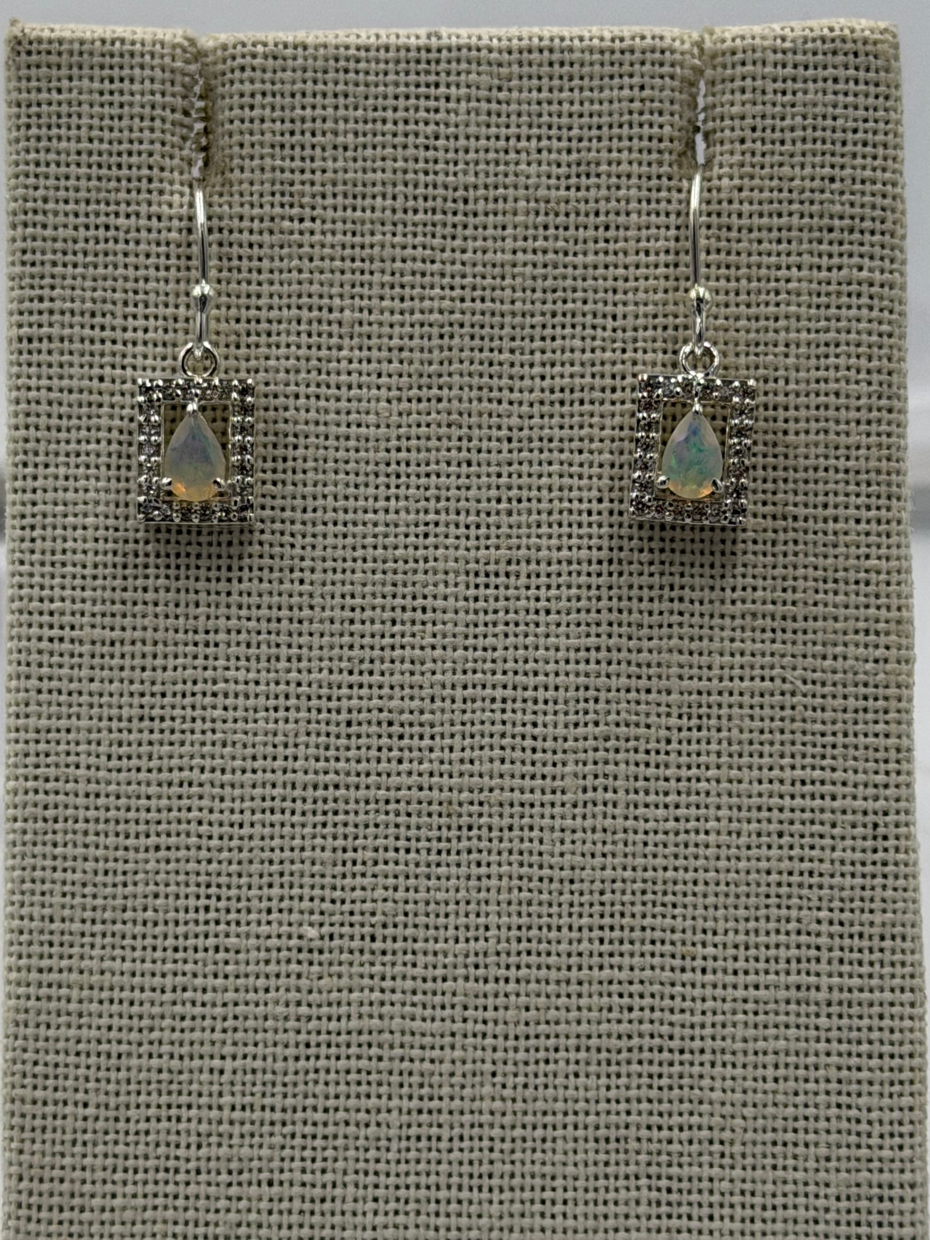 Sterling Silver Sparkled Square with Teardrop Ethiopian Opal Dangle Earrings | Earrings | Wiccan Center