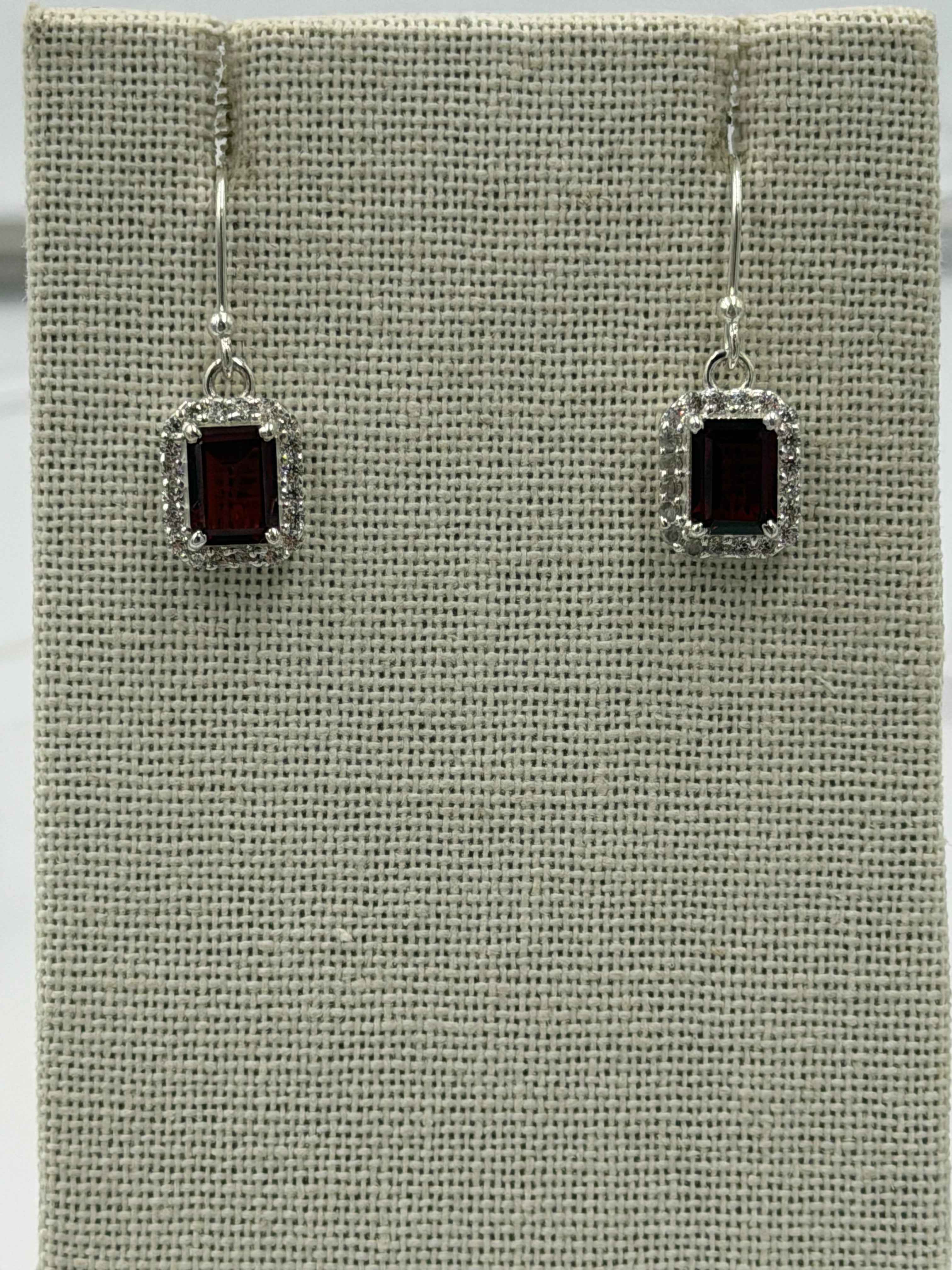 Sterling Silver Sparkled Rectangular Garnet Dangle Earrings | Earrings | Wiccan Center