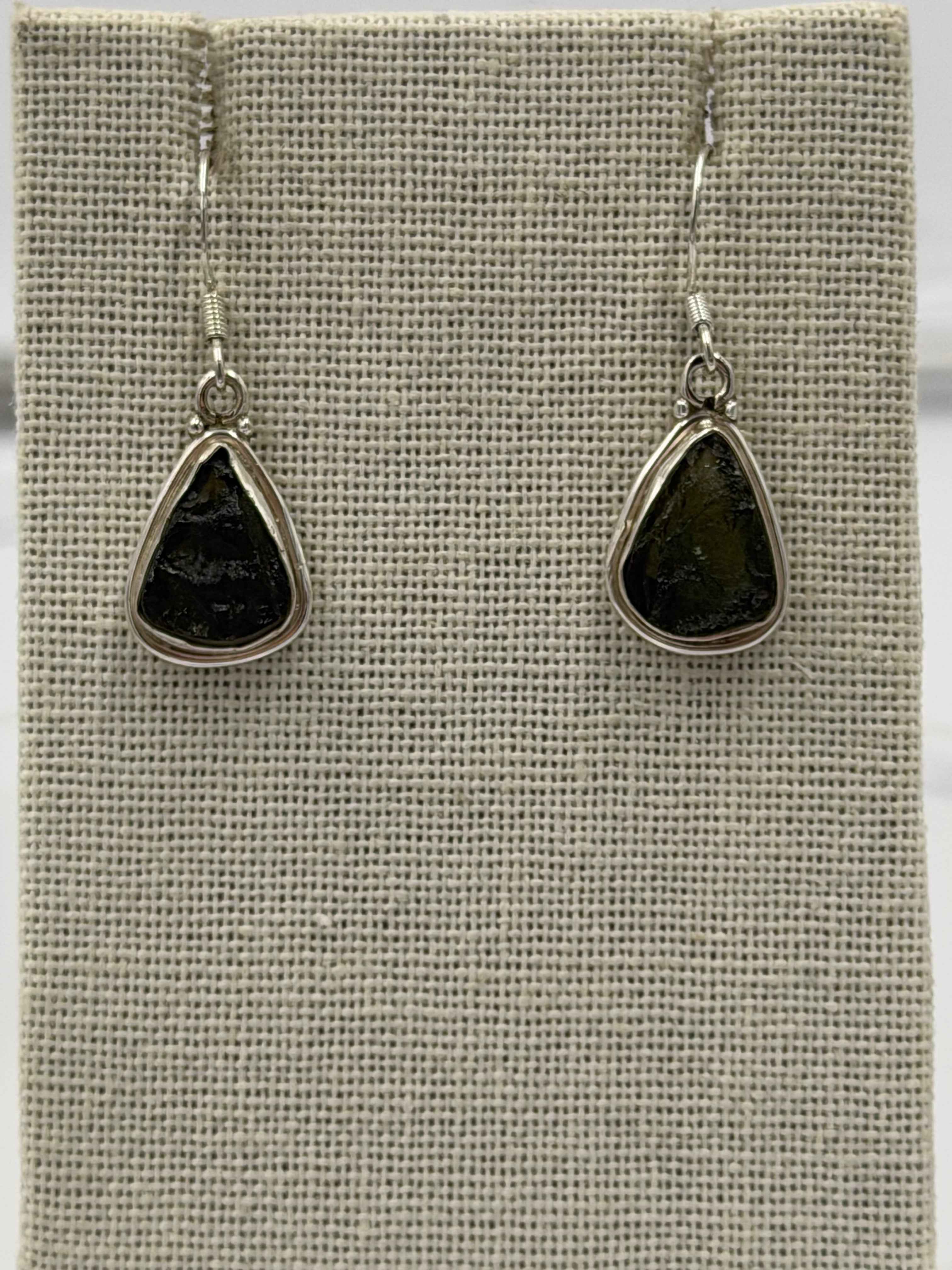 Sterling Silver Bezeled Moldavite Dangle Earrings | Earrings | Wiccan Center