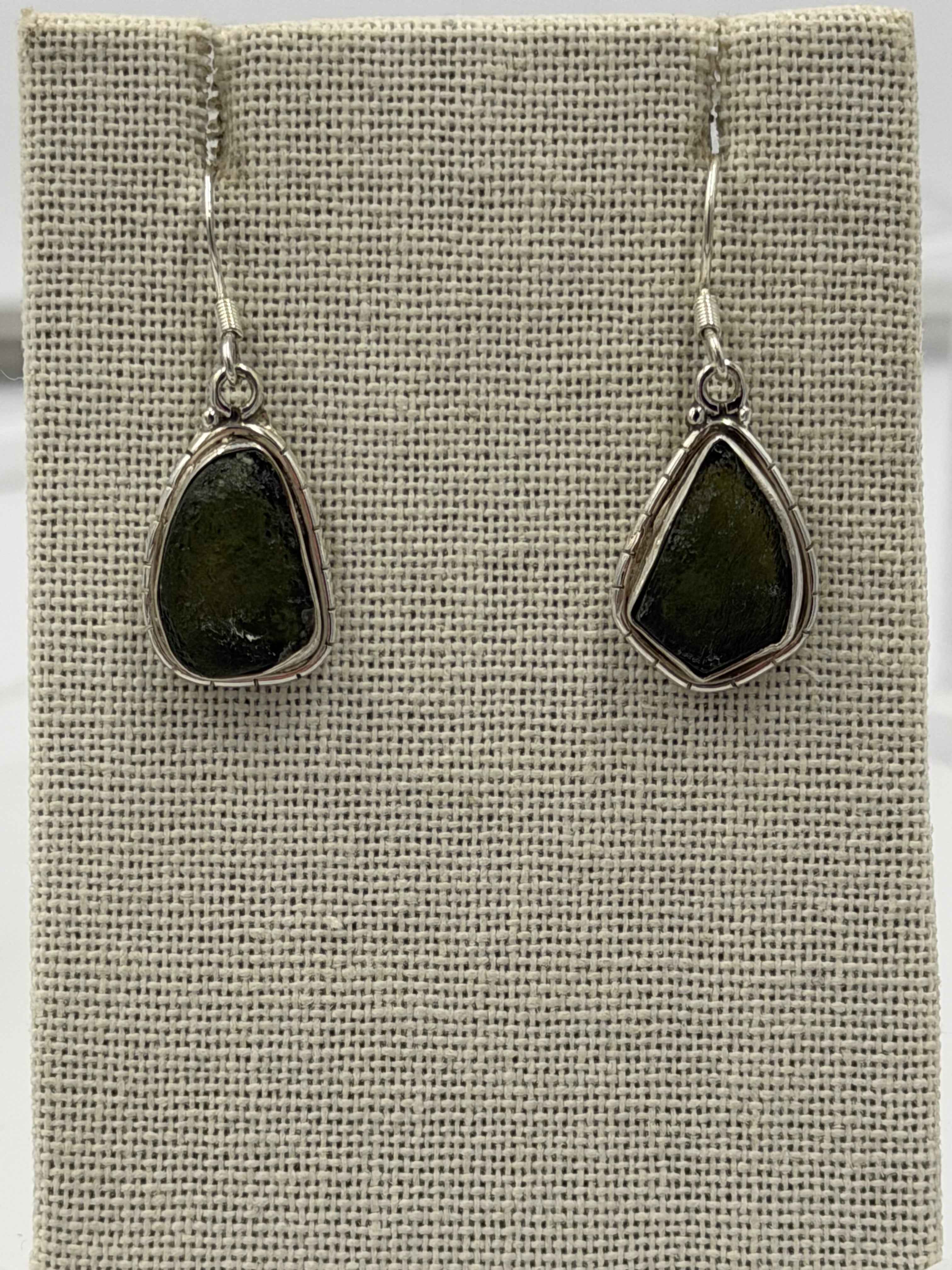 Sterling Silver Lined Bezeled Moldavite Dangle Earrings | Earrings | Wiccan Center