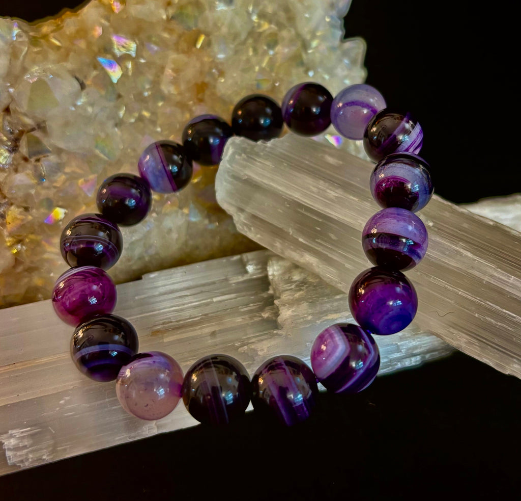 Royal Aura Purple Agate Bracelet – 12mm Reiki-Infused Statement Bracelet (Medium Wrist Fit)