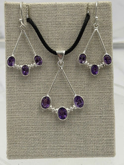 Sterling Silver Open Triple Amethyst Dangle Earrings & Pendant Set | Earrings Necklace | Wiccan Center