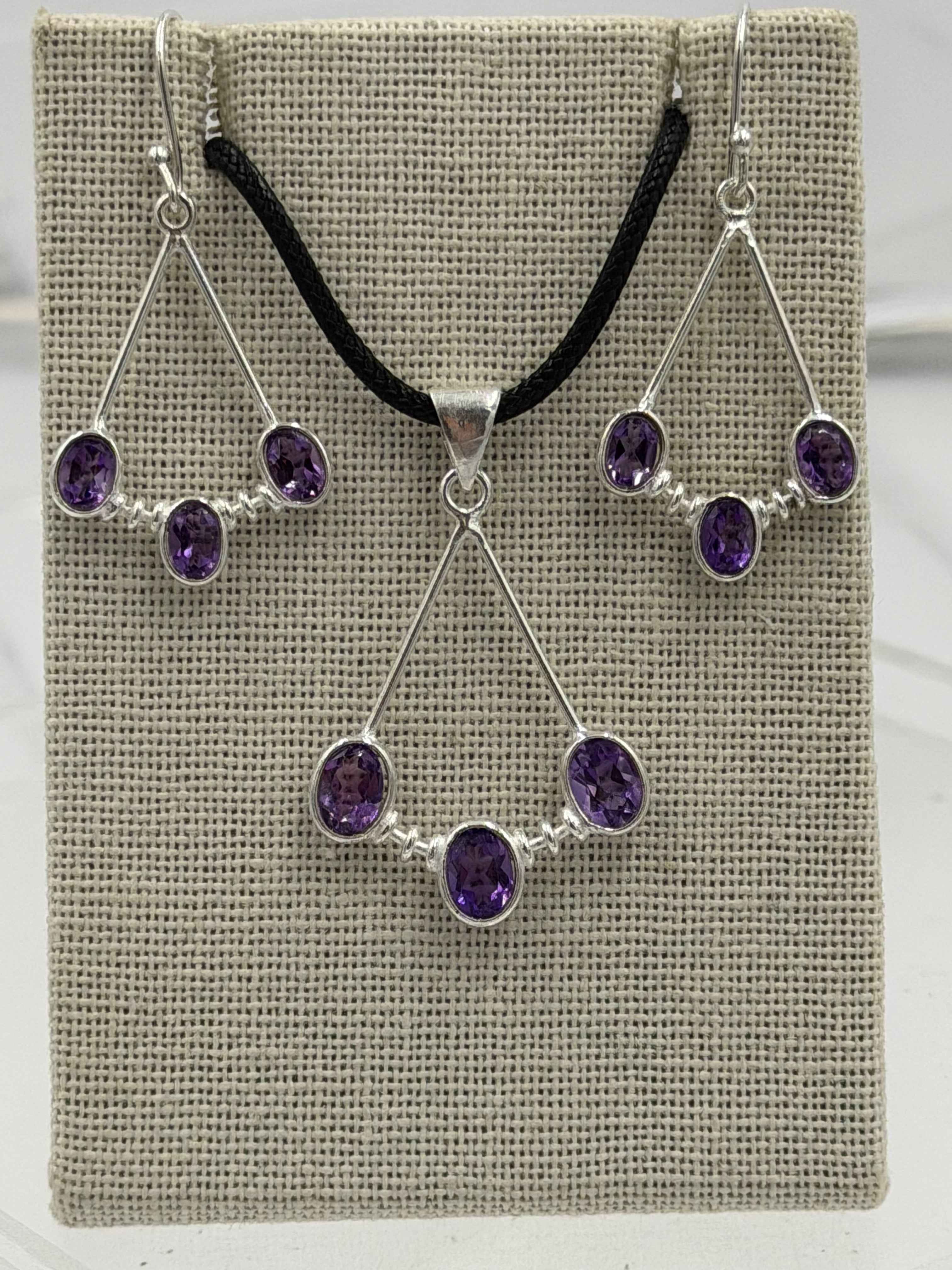 Sterling Silver Open Triple Amethyst Dangle Earrings & Pendant Set | Earrings Necklace | Wiccan Center
