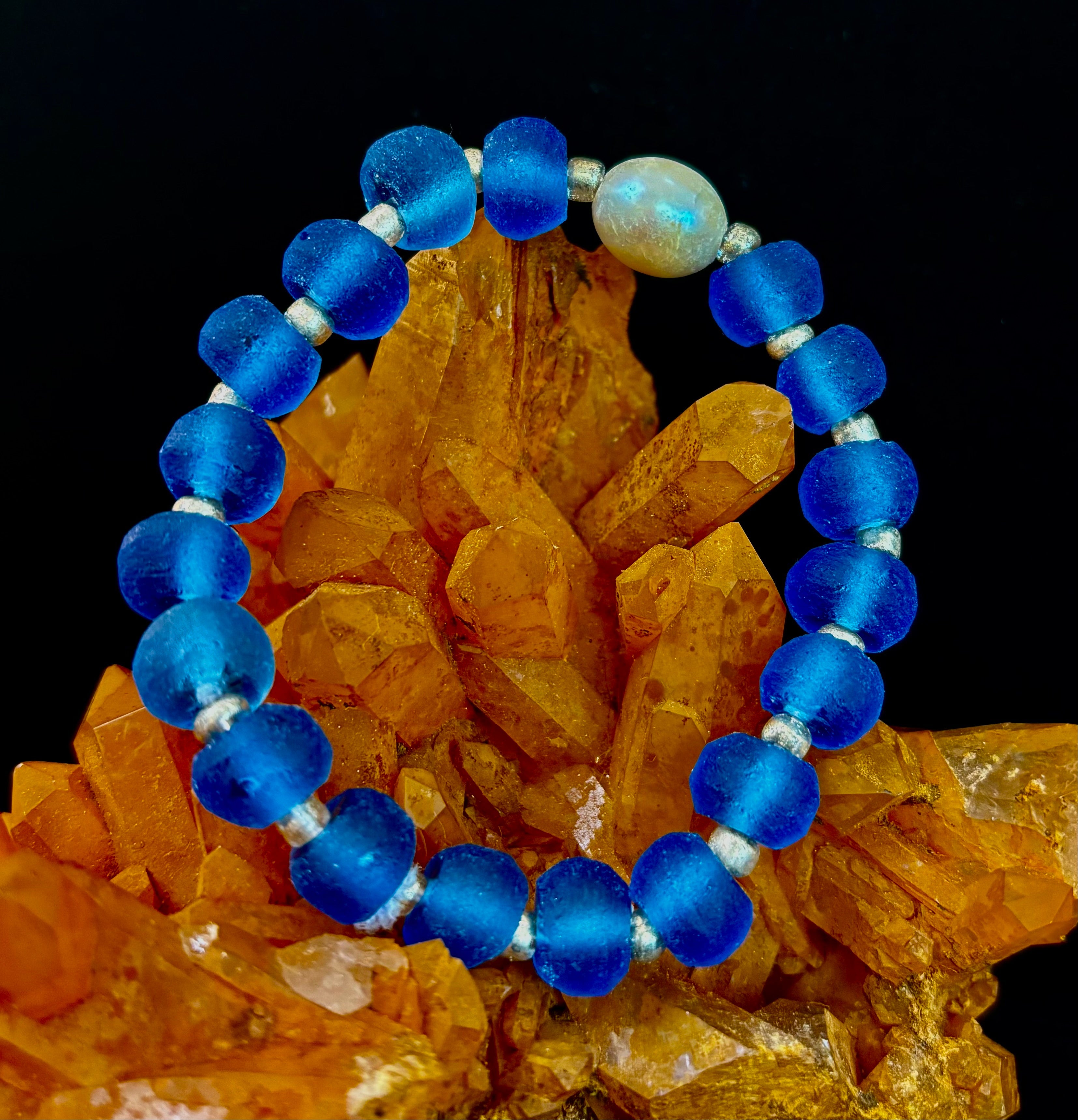 Moonlit Tide Bracelet - Recycled Glass & Freshwater Pearl Stretch Bracelet