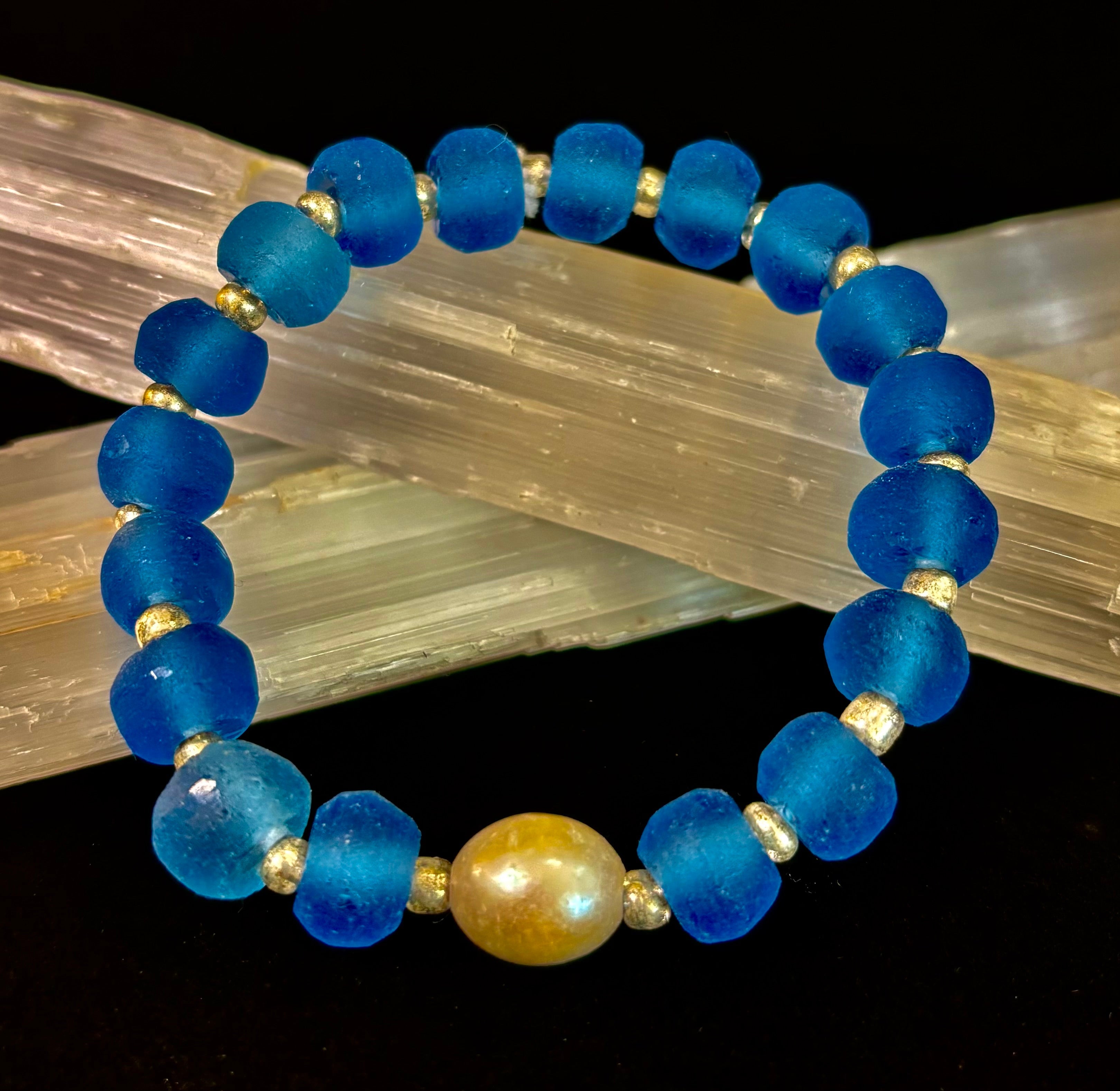 Moonlit Tide Bracelet - Recycled Glass & Freshwater Pearl Stretch Bracelet
