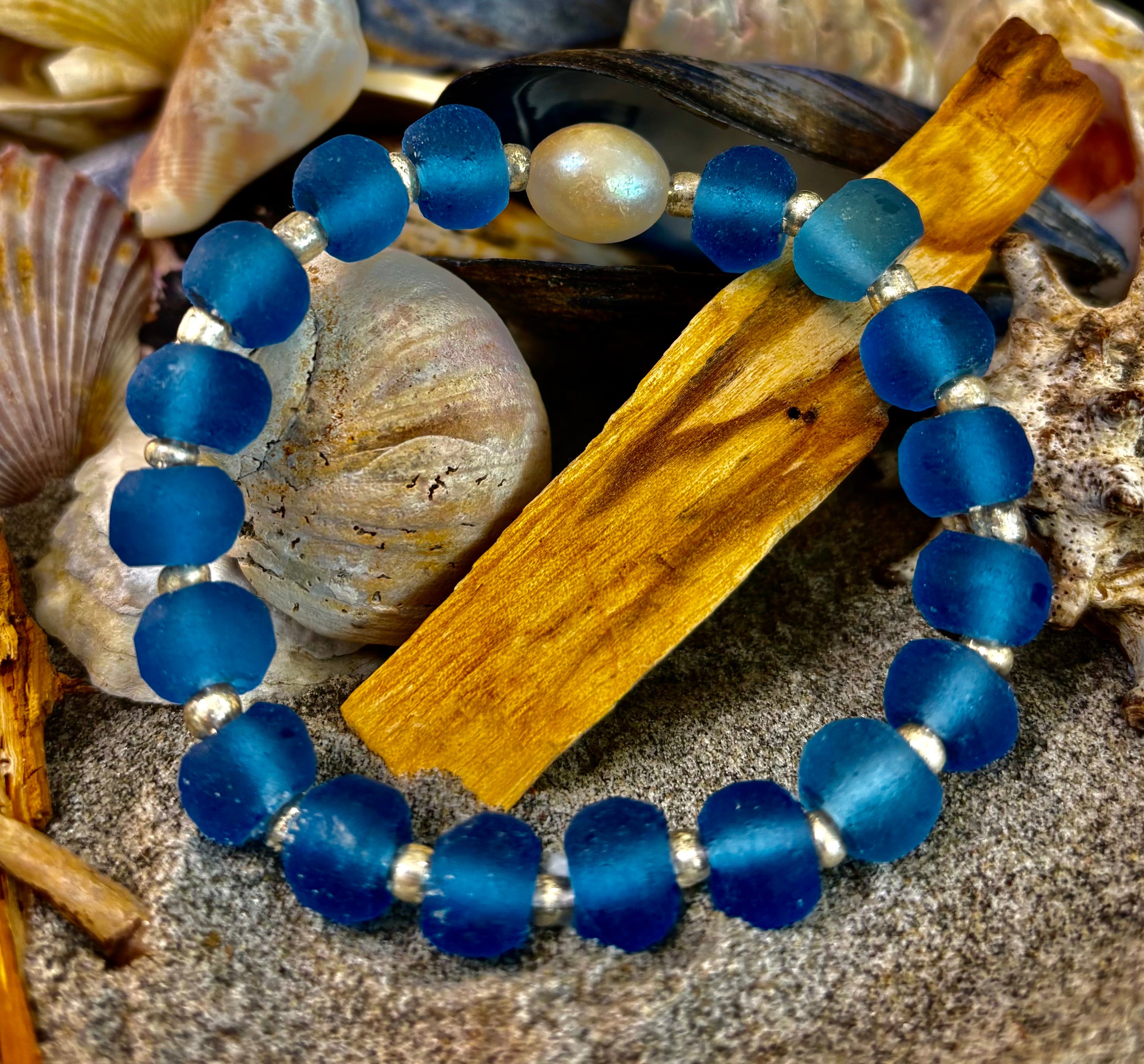 Moonlit Tide Bracelet - Recycled Glass & Freshwater Pearl Stretch Bracelet