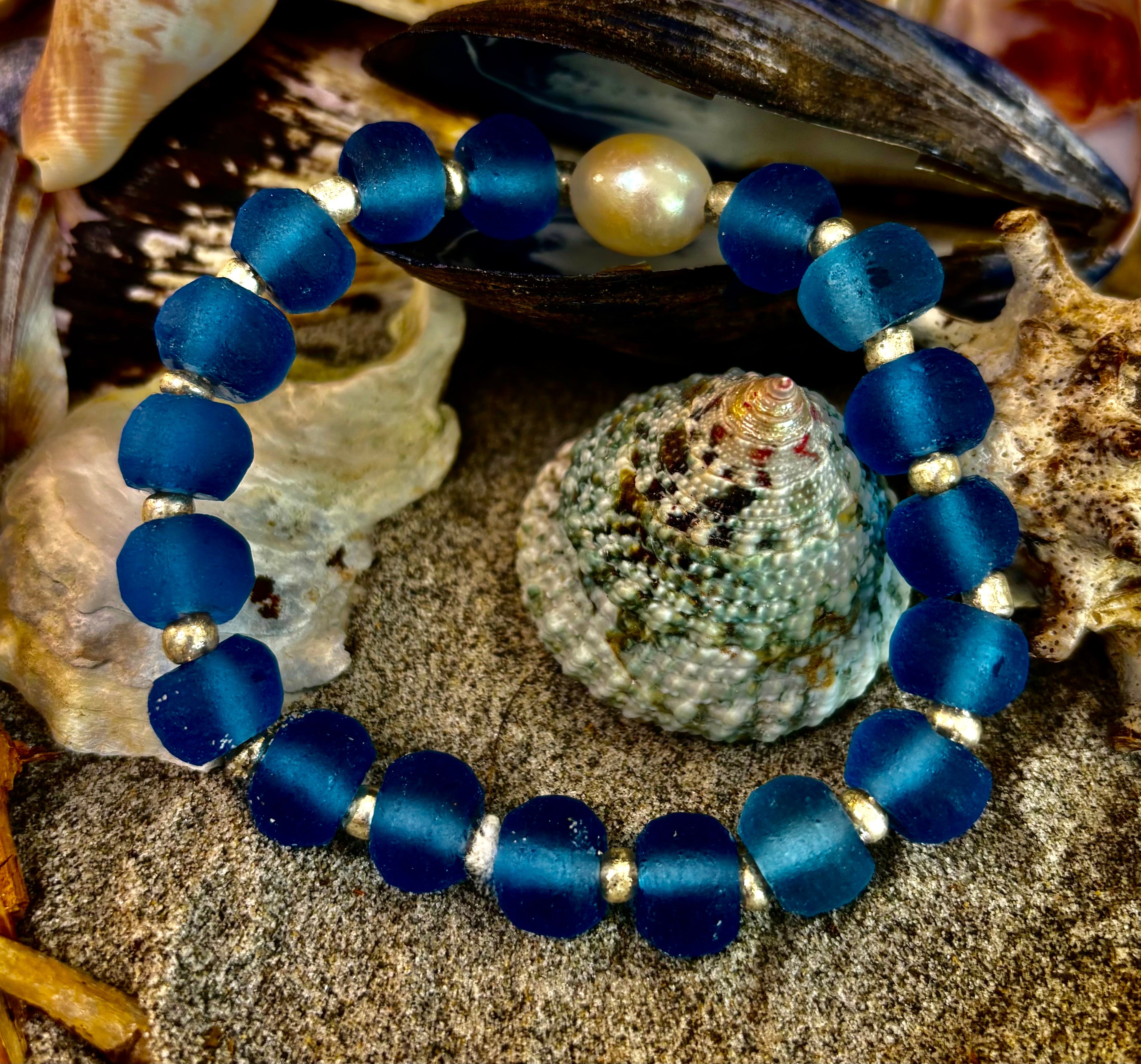 Moonlit Tide Bracelet - Recycled Glass & Freshwater Pearl Stretch Bracelet